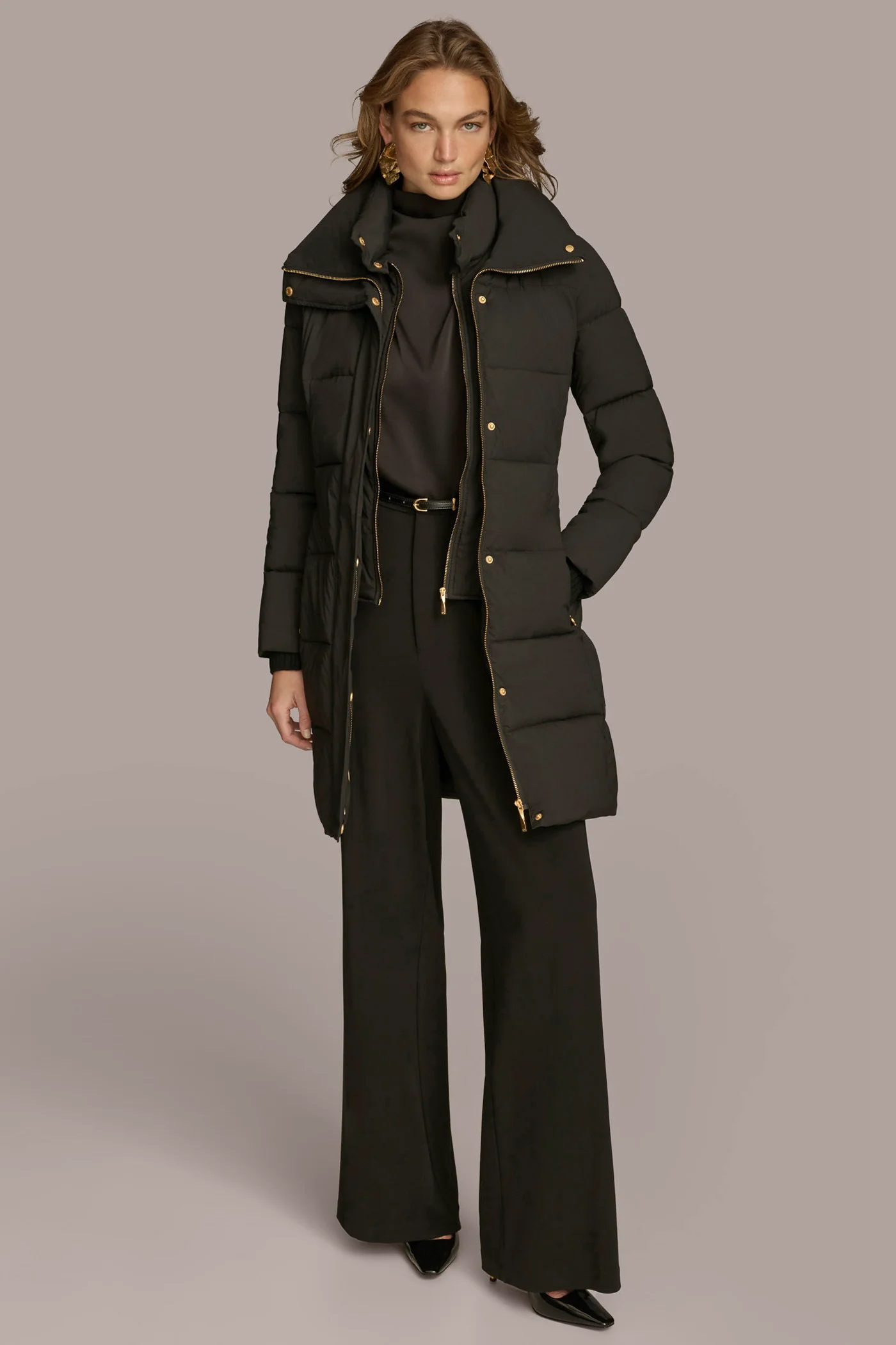 Long Hooded Bib Front Belted Puffer Coat