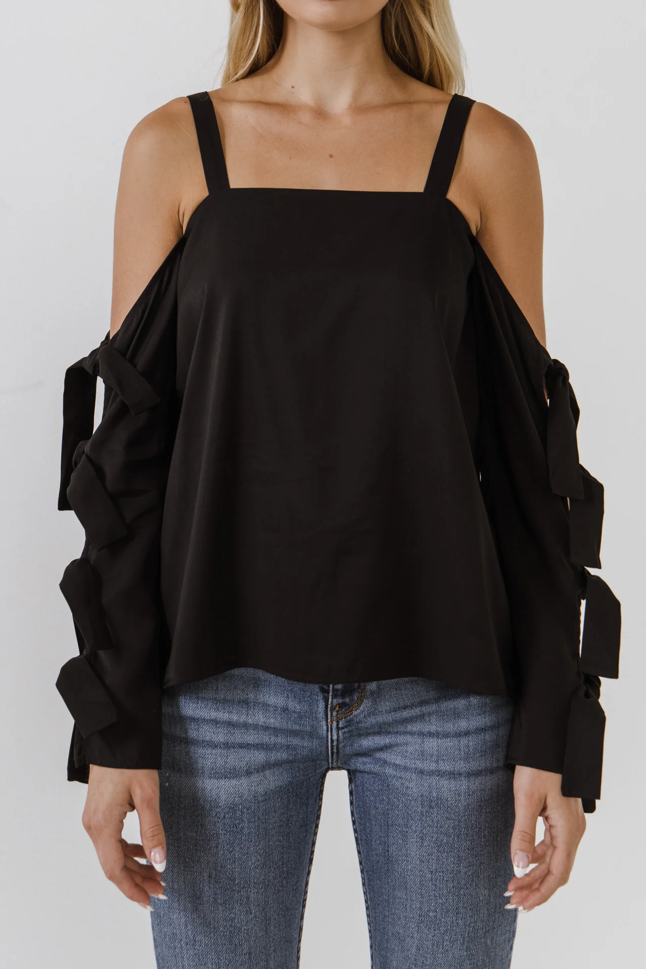 Cold Shoulder Top with Tied Ribbon Sleeve