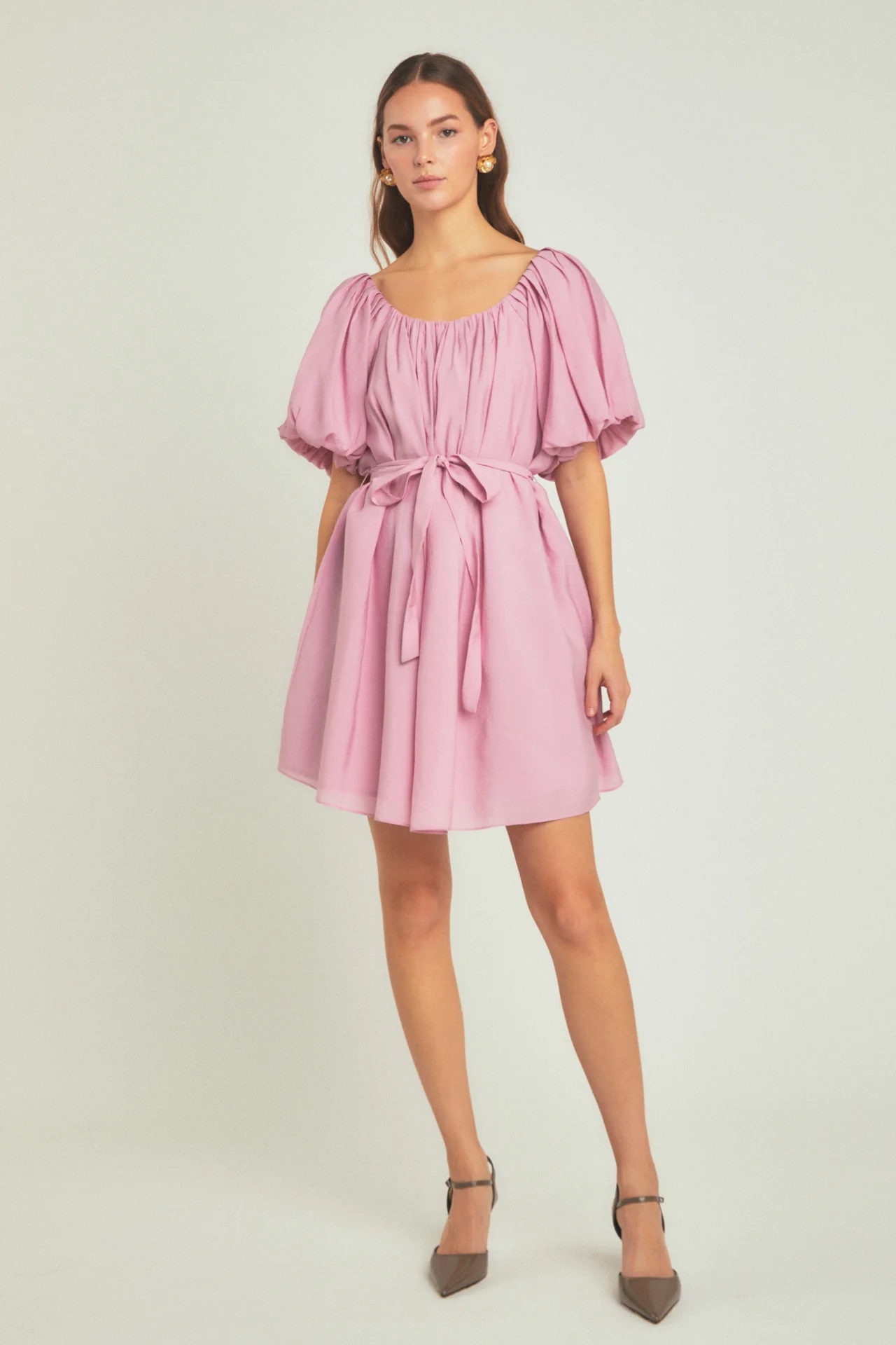 Pleated Detail Puff Sleeve Mini Dress