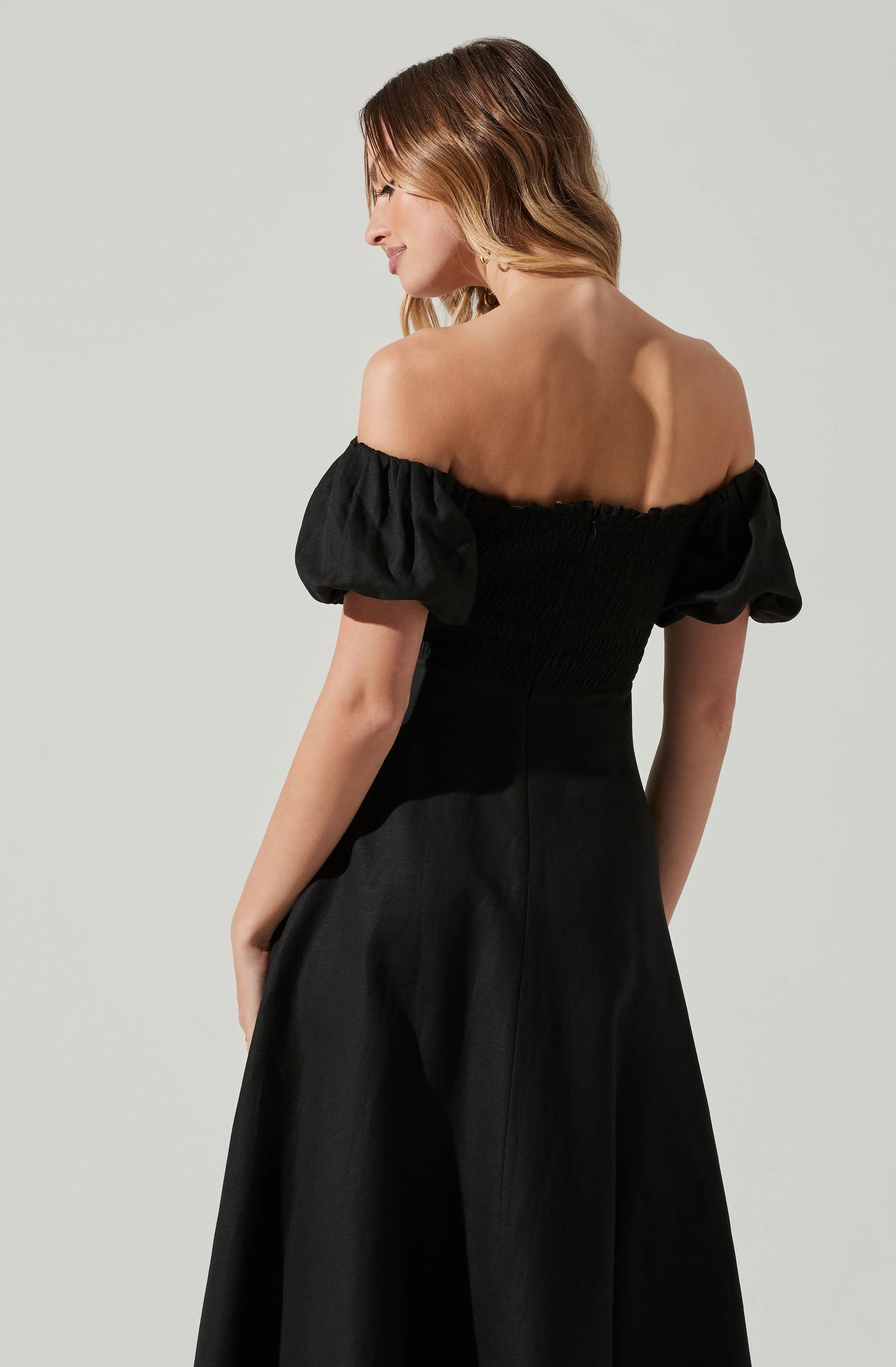 Off Shoulder Puff Sleeve Midi Dress