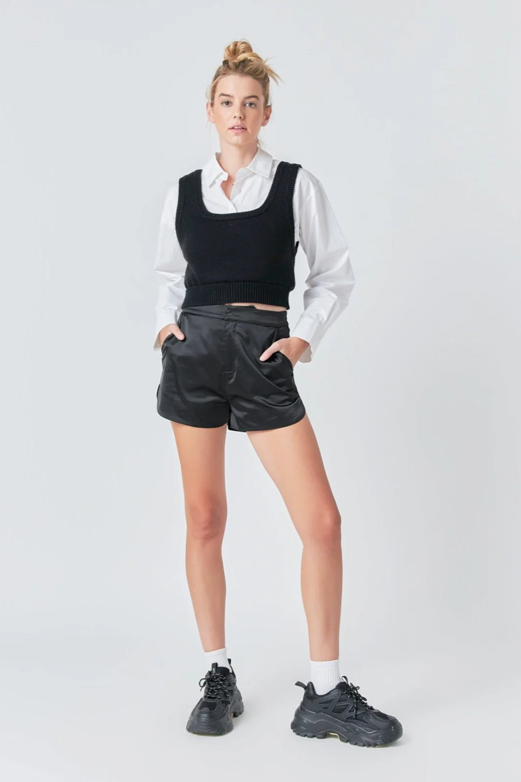 Cropped Knit Top Over Shirt