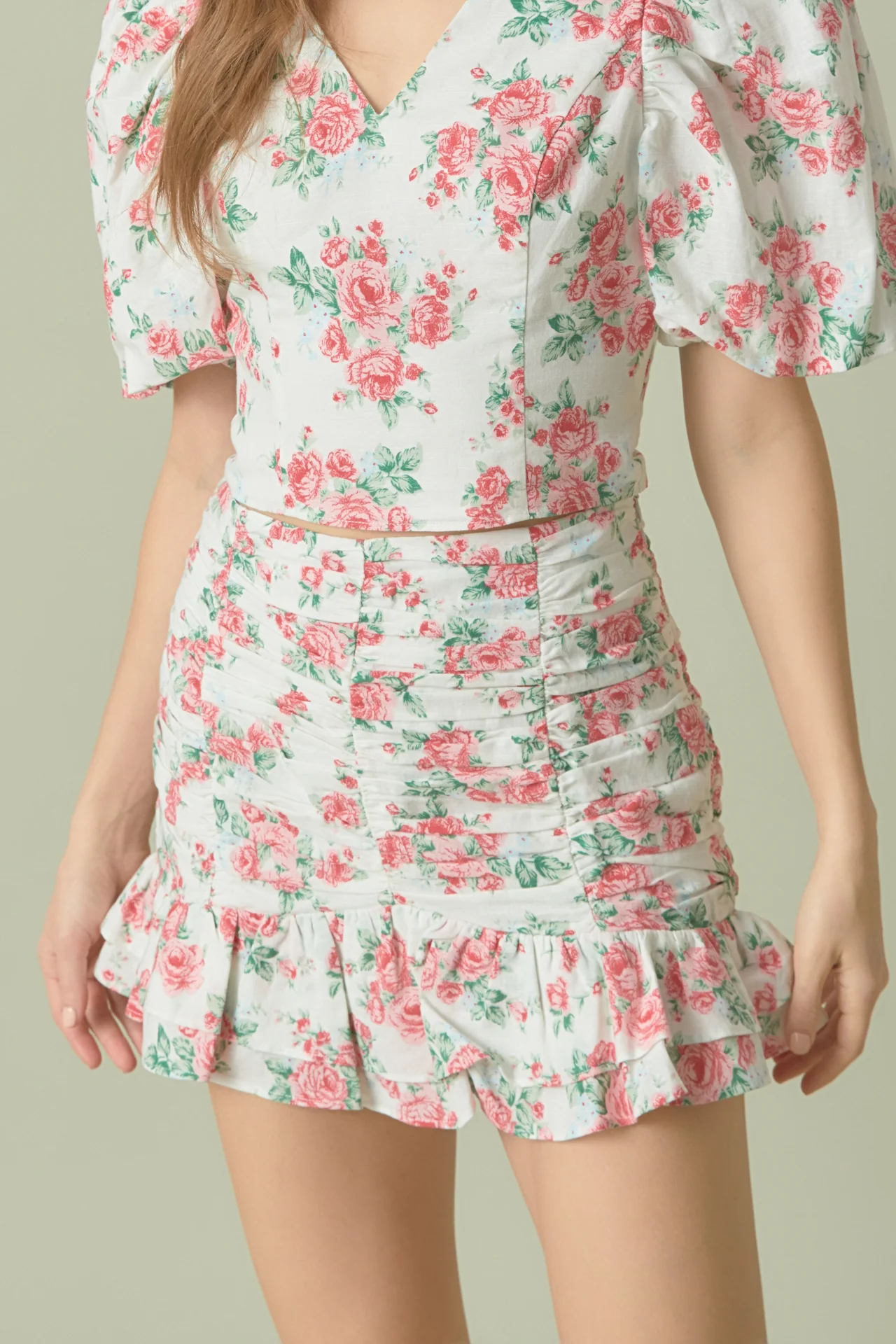Floral Linen Ruffled Mini Skirt