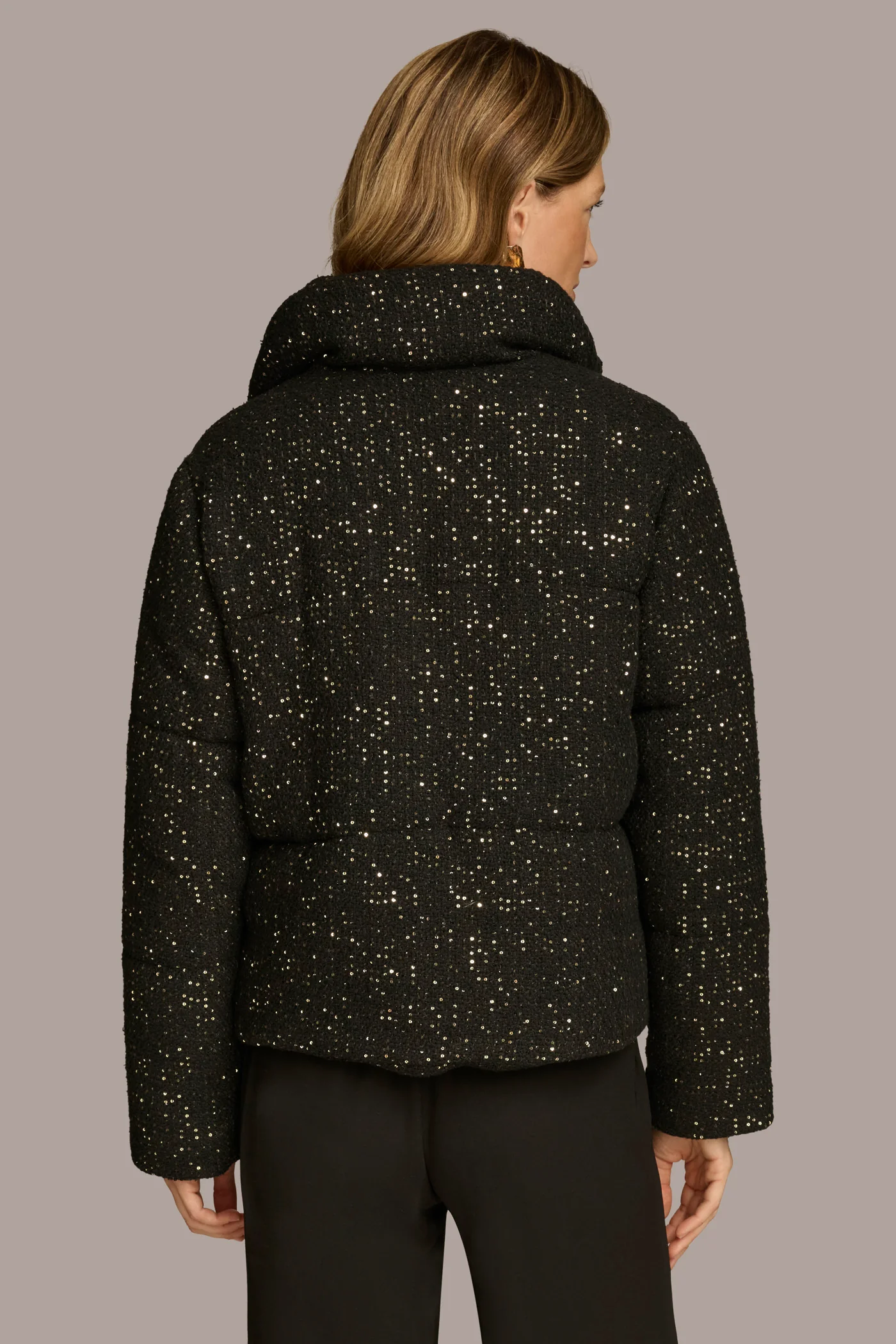 ZIP FRONT PUFFR WITH SEQUINS