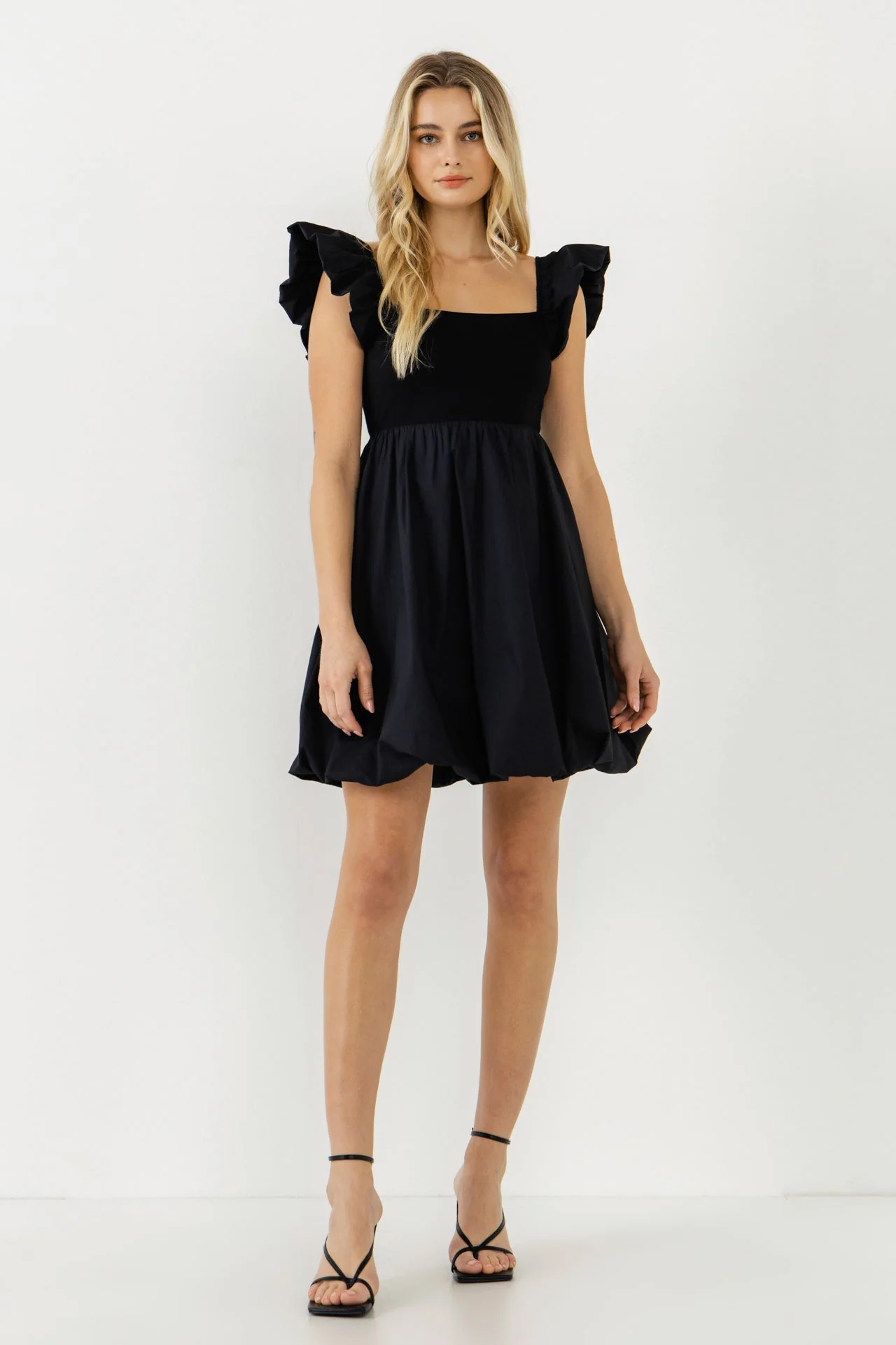 Mix Media Balloon Detail Mini Dress