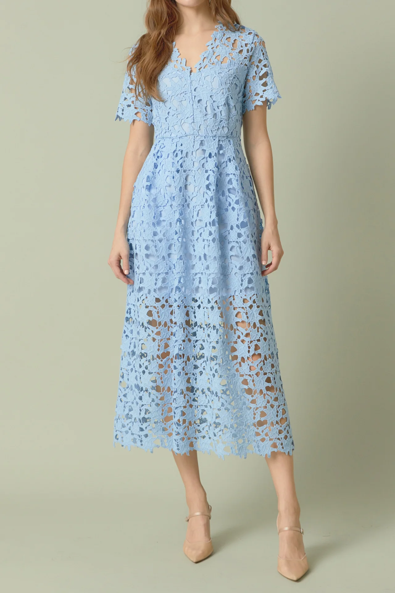 All Over Lace Short Sleeves Midi Dress
