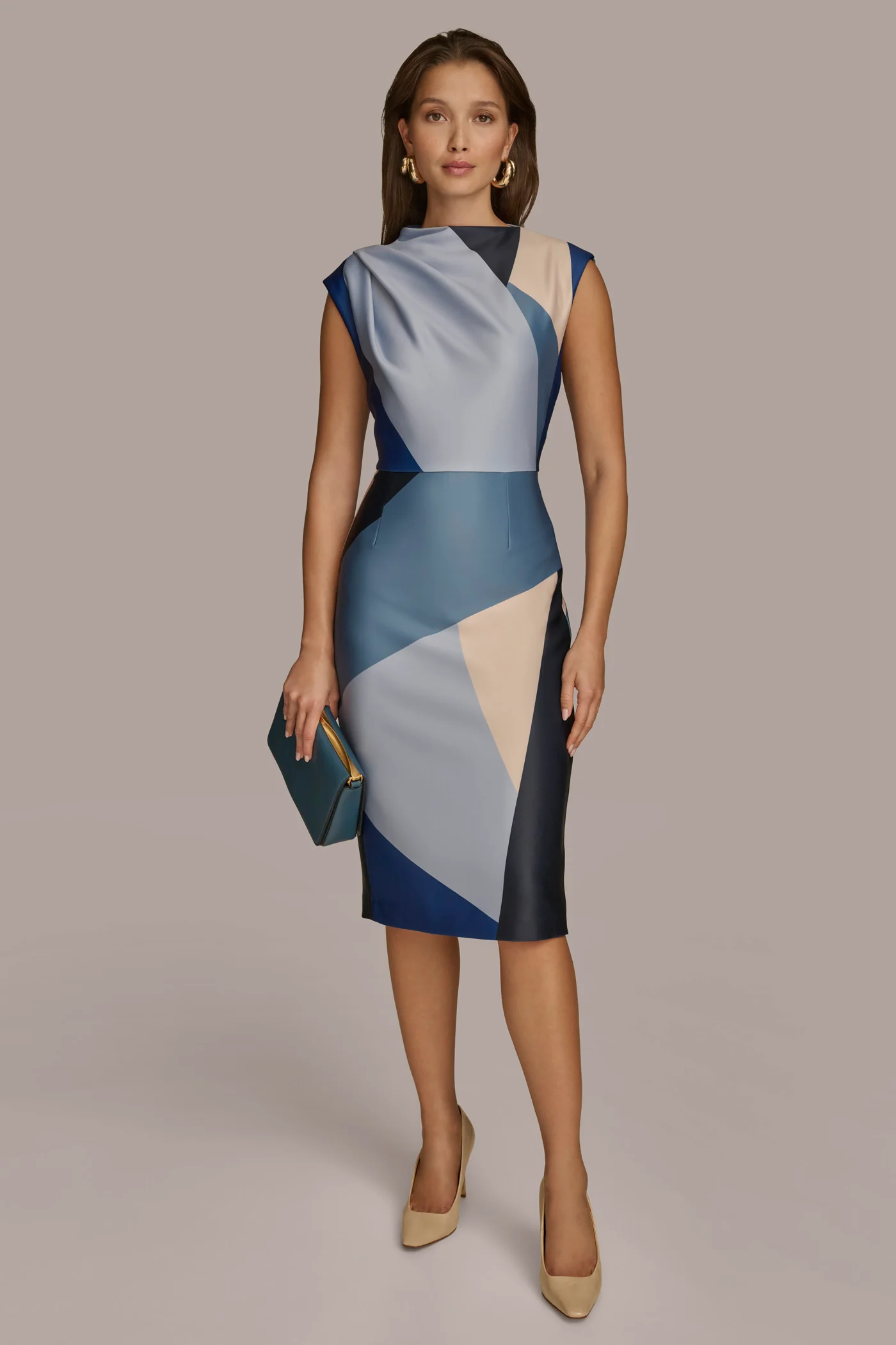 ASYMMETRICAL NECK GEOMETRIC MIDI DRESS