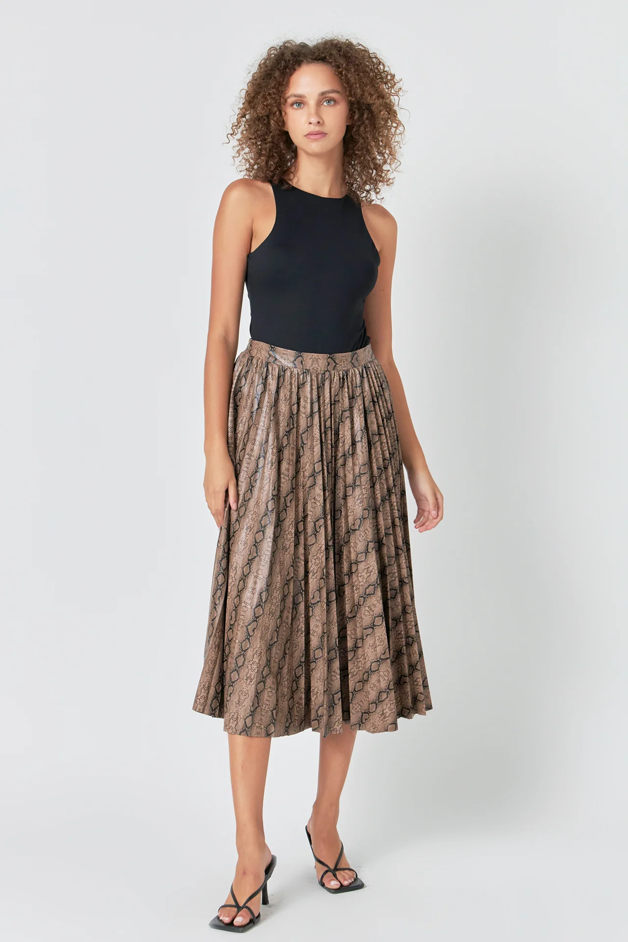 Snake Print Pleated Midi Skirt