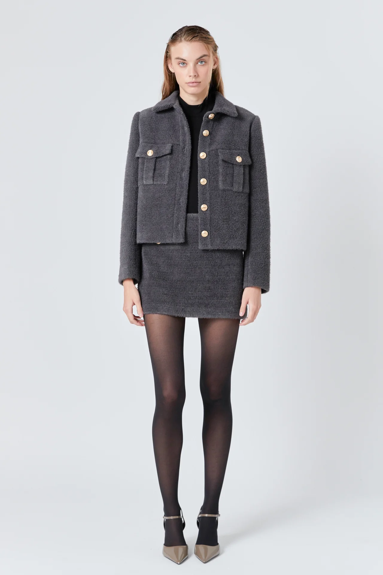 Tweed Soft Brushed Buttoned Jacket