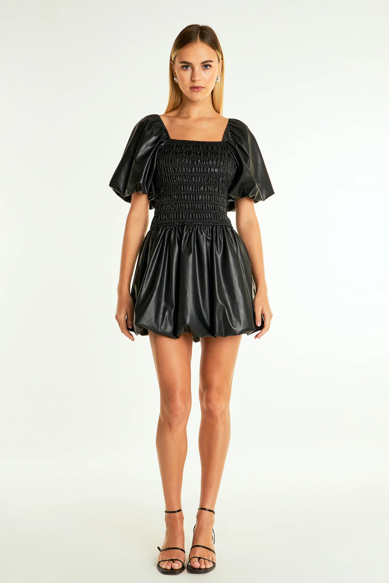 Pu Smocked Balloon Detail Mini Dress