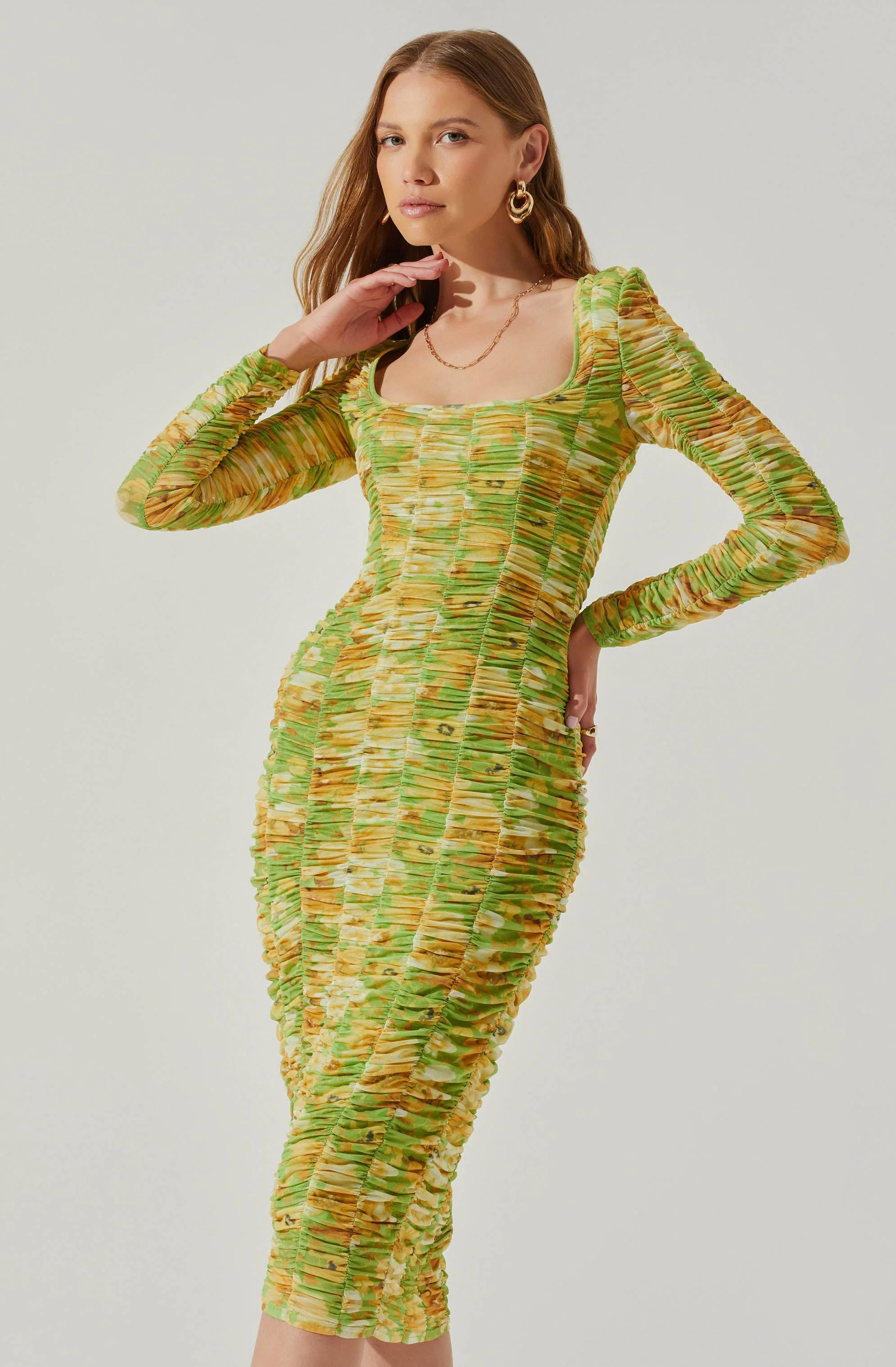 Yelina Ruched Long Sleeve Midi Dress