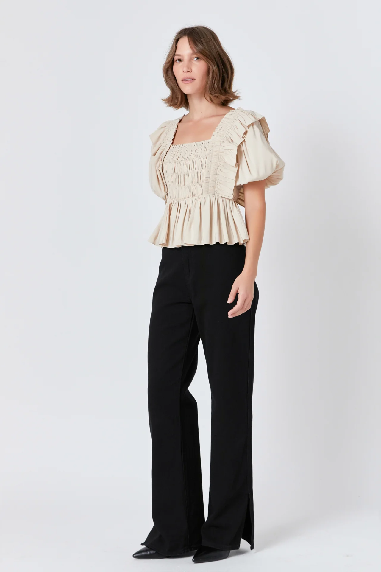 Smocked Puff Sleeve Peplum Crop Top