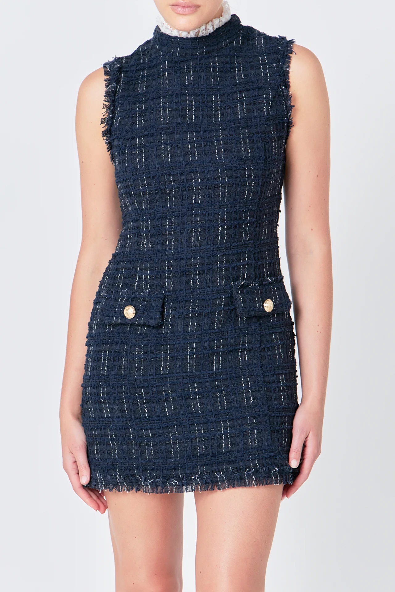 Lace Detail Tweed Mini Dress
