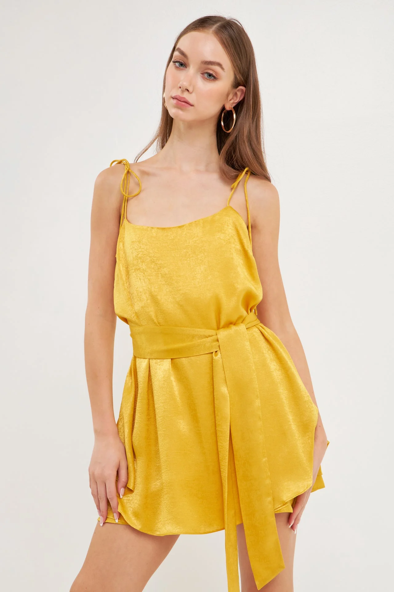 Spaghetti Tie Belted Romper Dress