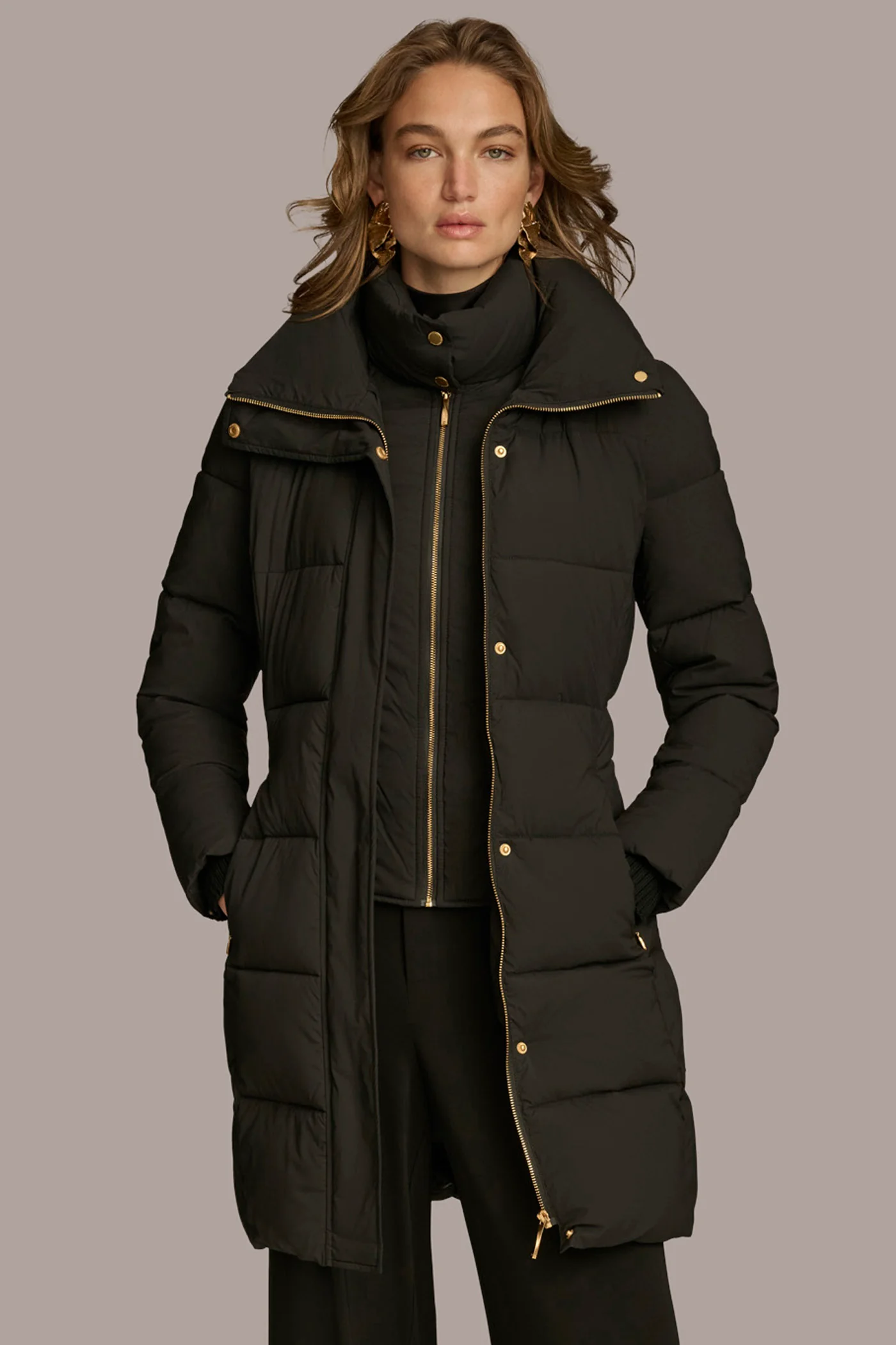 Long Hooded Bib Front Belted Puffer Coat