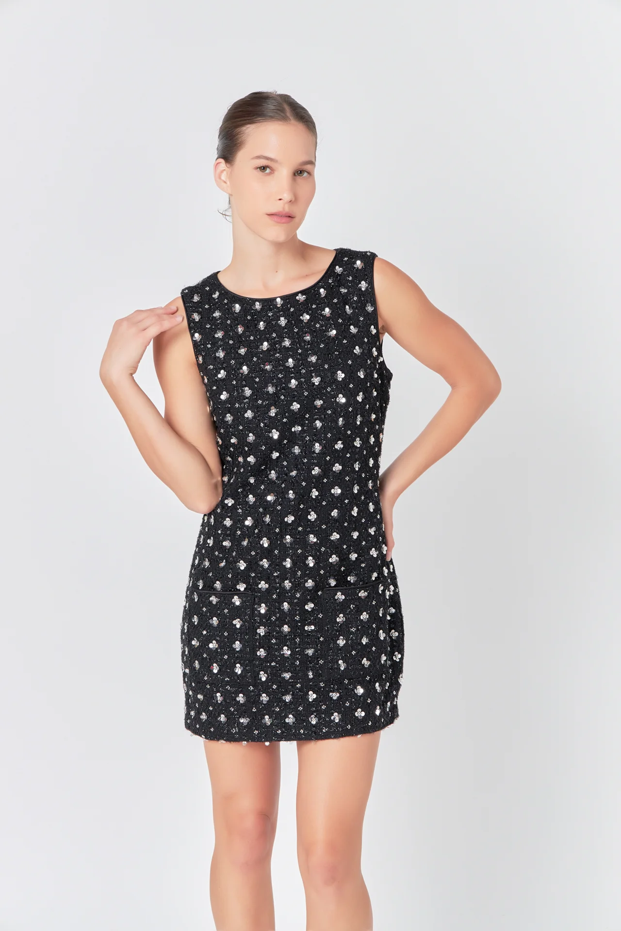 Premium Floral Embellishment Tweed Mini Dress