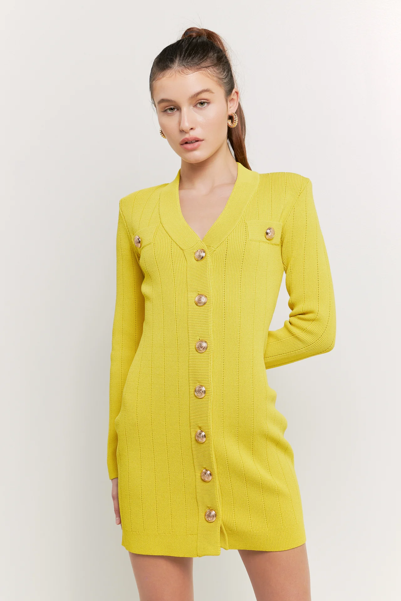 Shank Button V-Neckline Knit Mini Dress