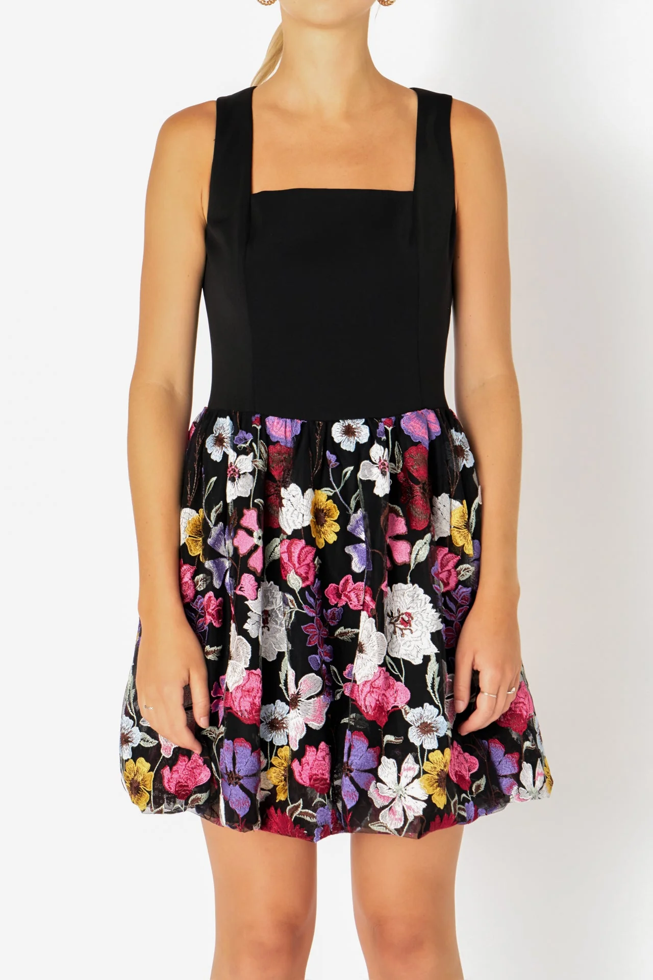 Square Neck Floral Embroidered Mini Dress