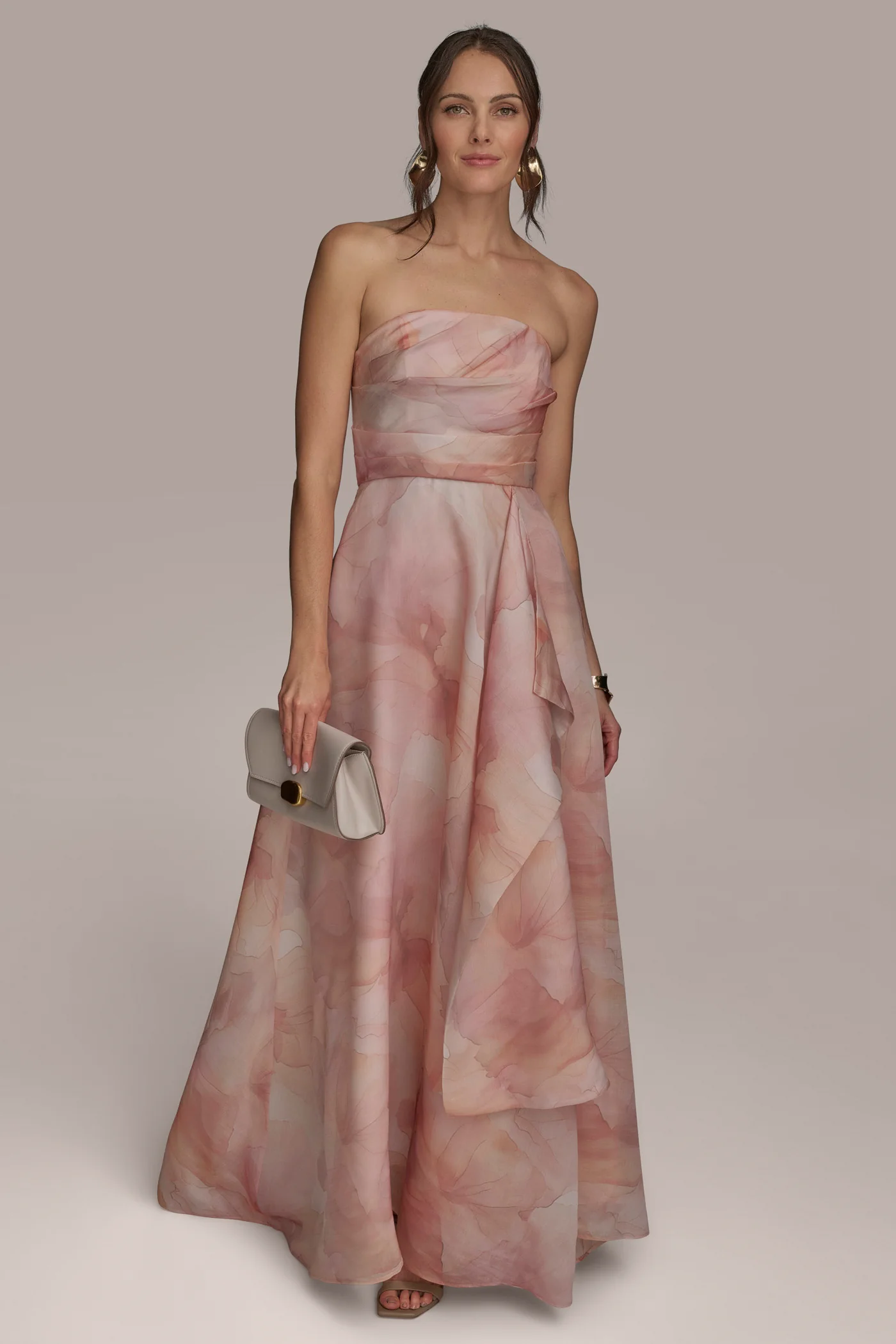 STRAPLESS DRAPED ORGANZA BALL GOWN