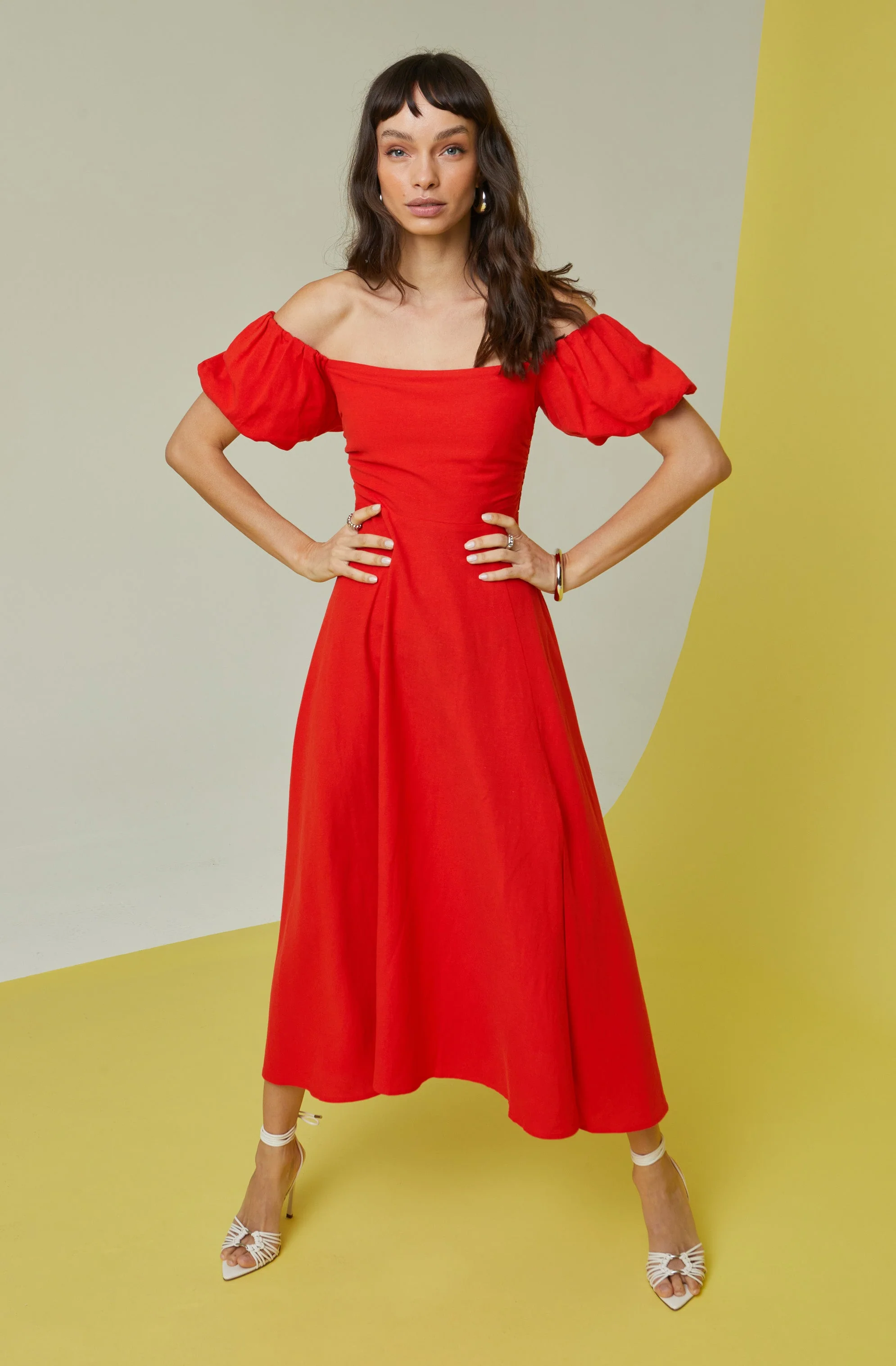 Off Shoulder Puff Sleeve Midi Dress