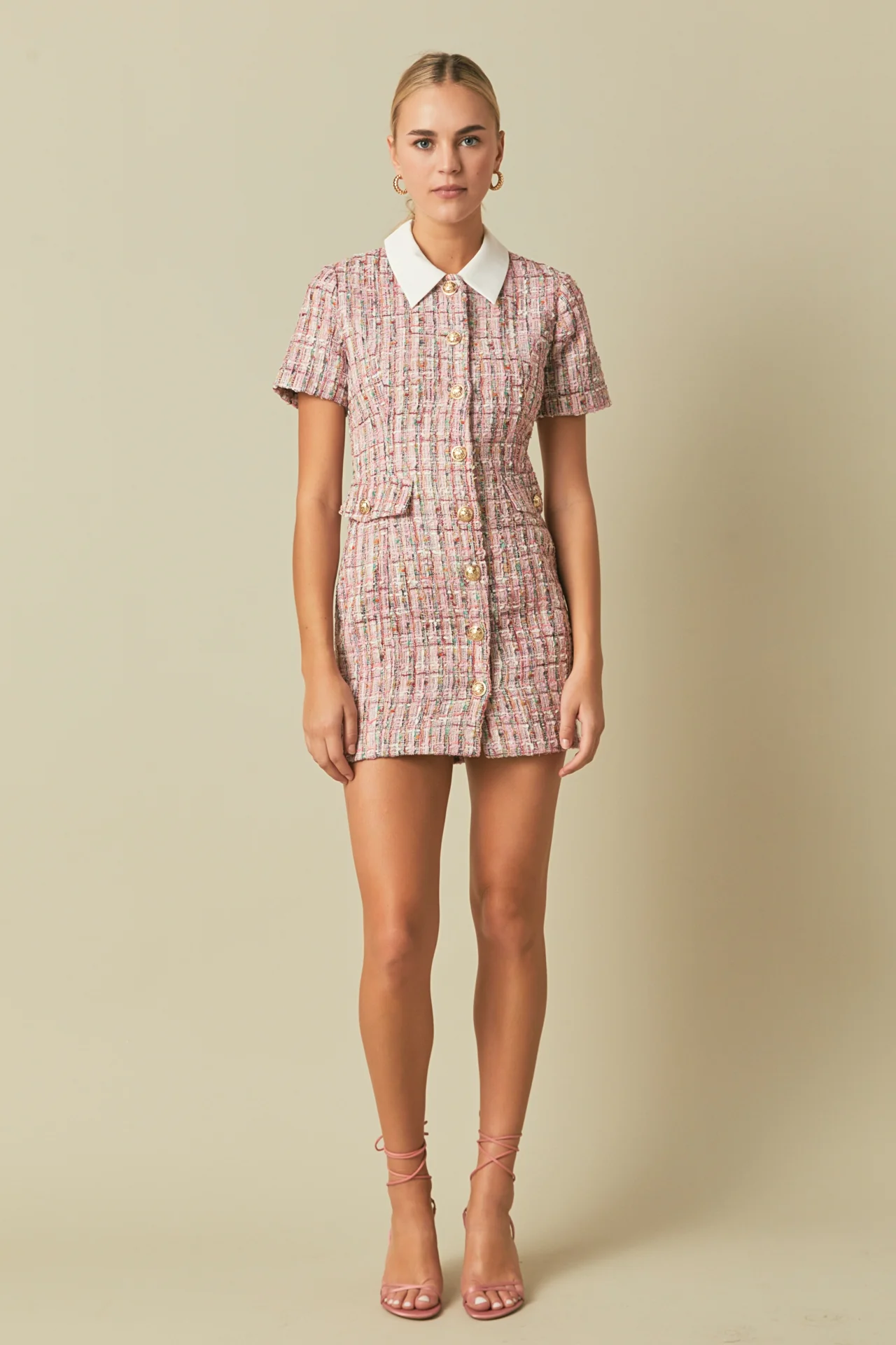 Multi Tweed Collared Short Sleeve Dress