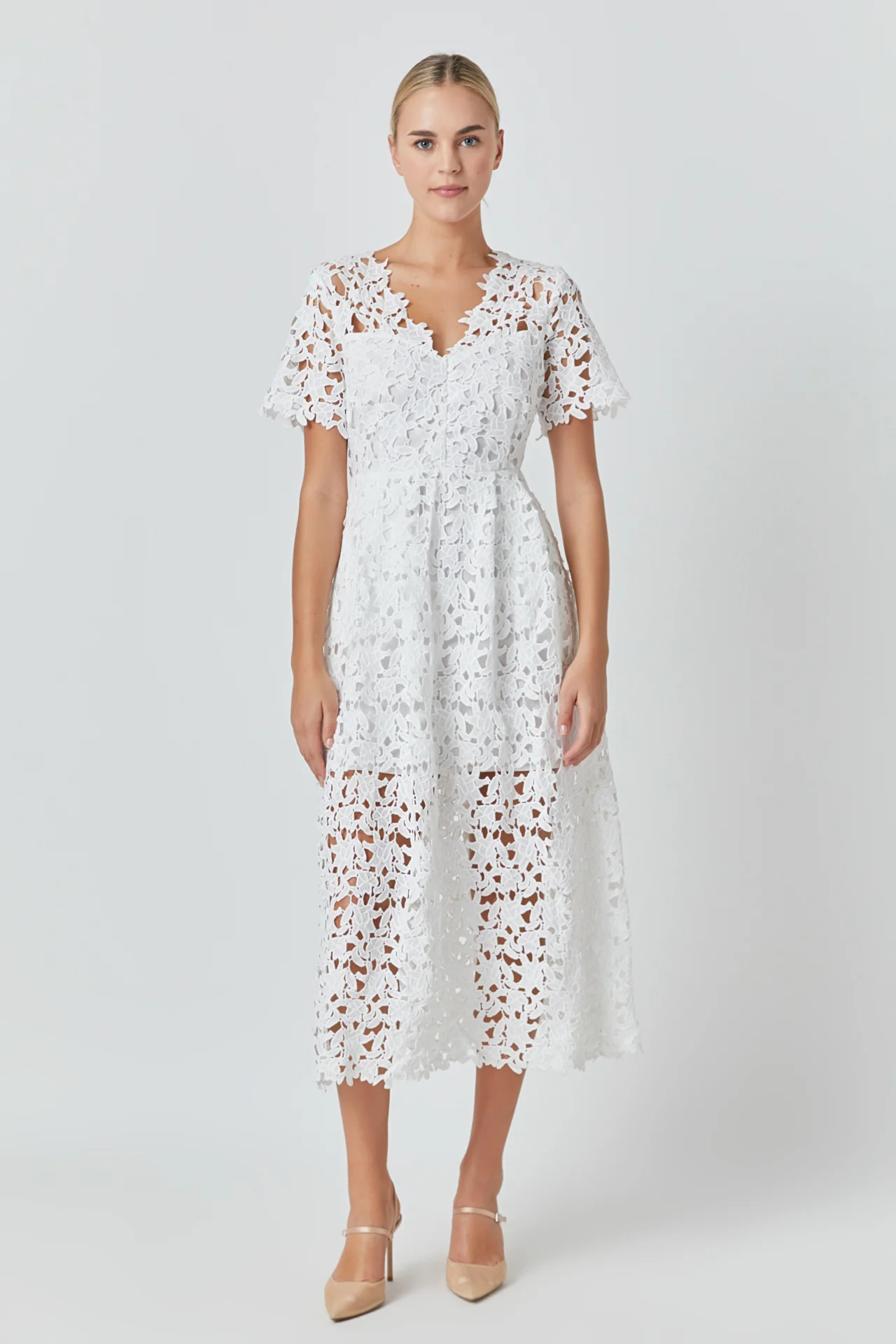 All Over Lace Short Sleeves Midi Dress
