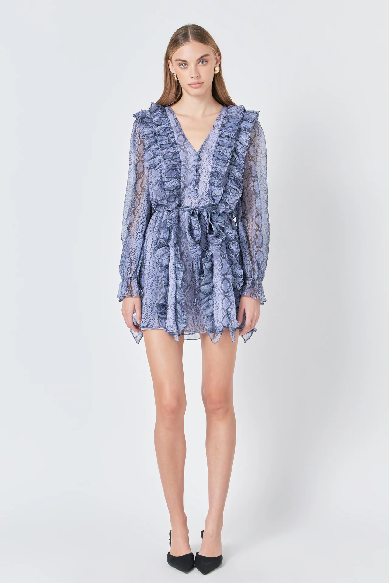 Button Down Long Sleeve Ruffled Mini Dress