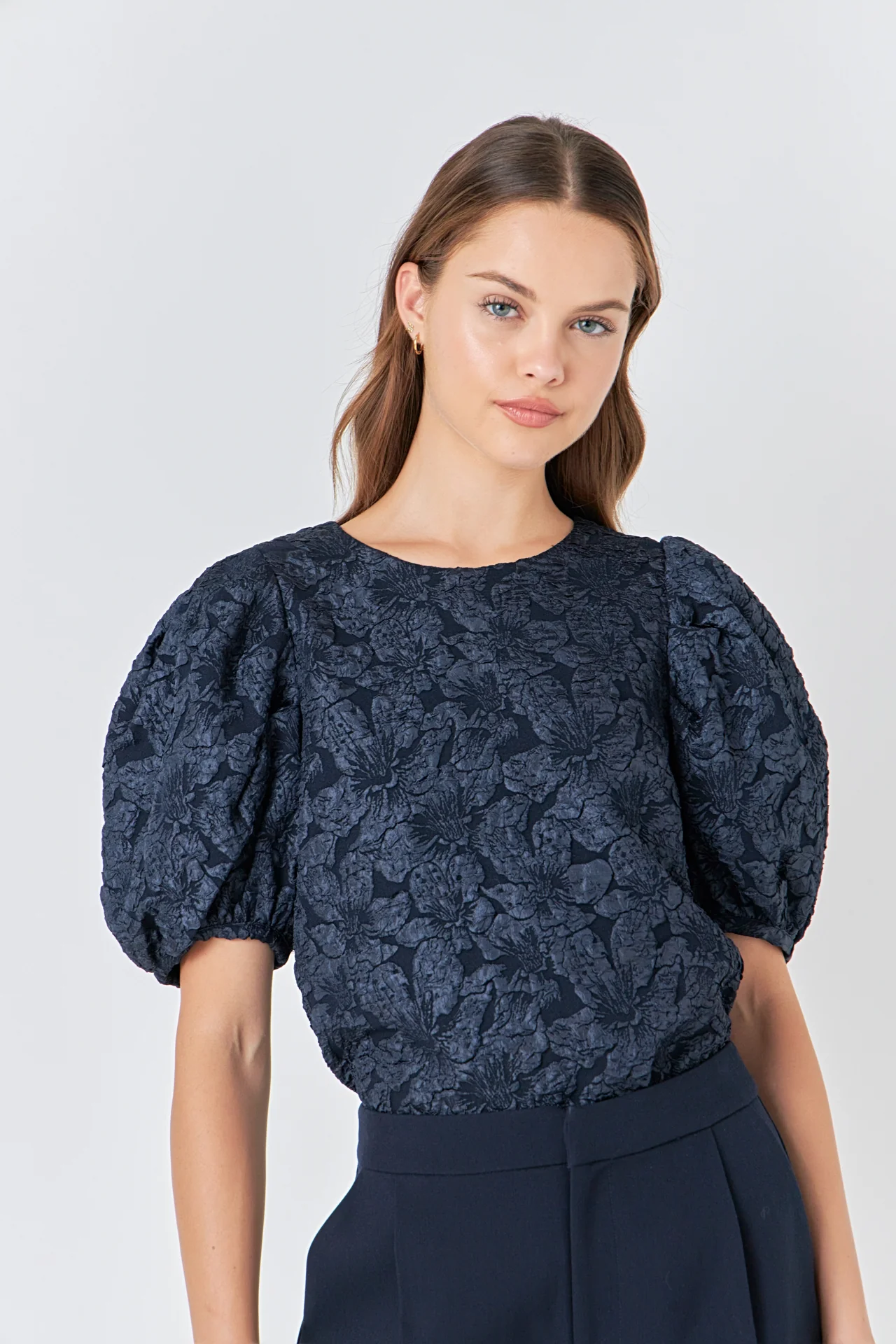 Floral Jacquard Puff Sleeve Top