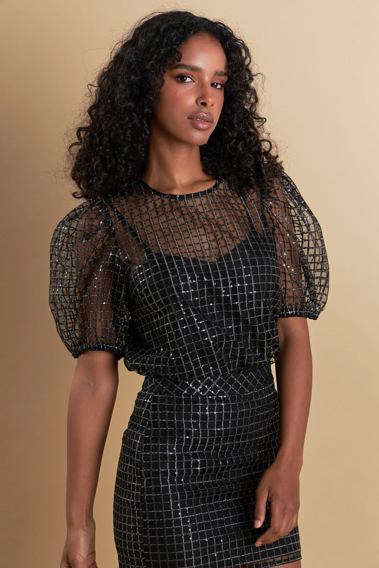 Sequins Mesh Grid Top
