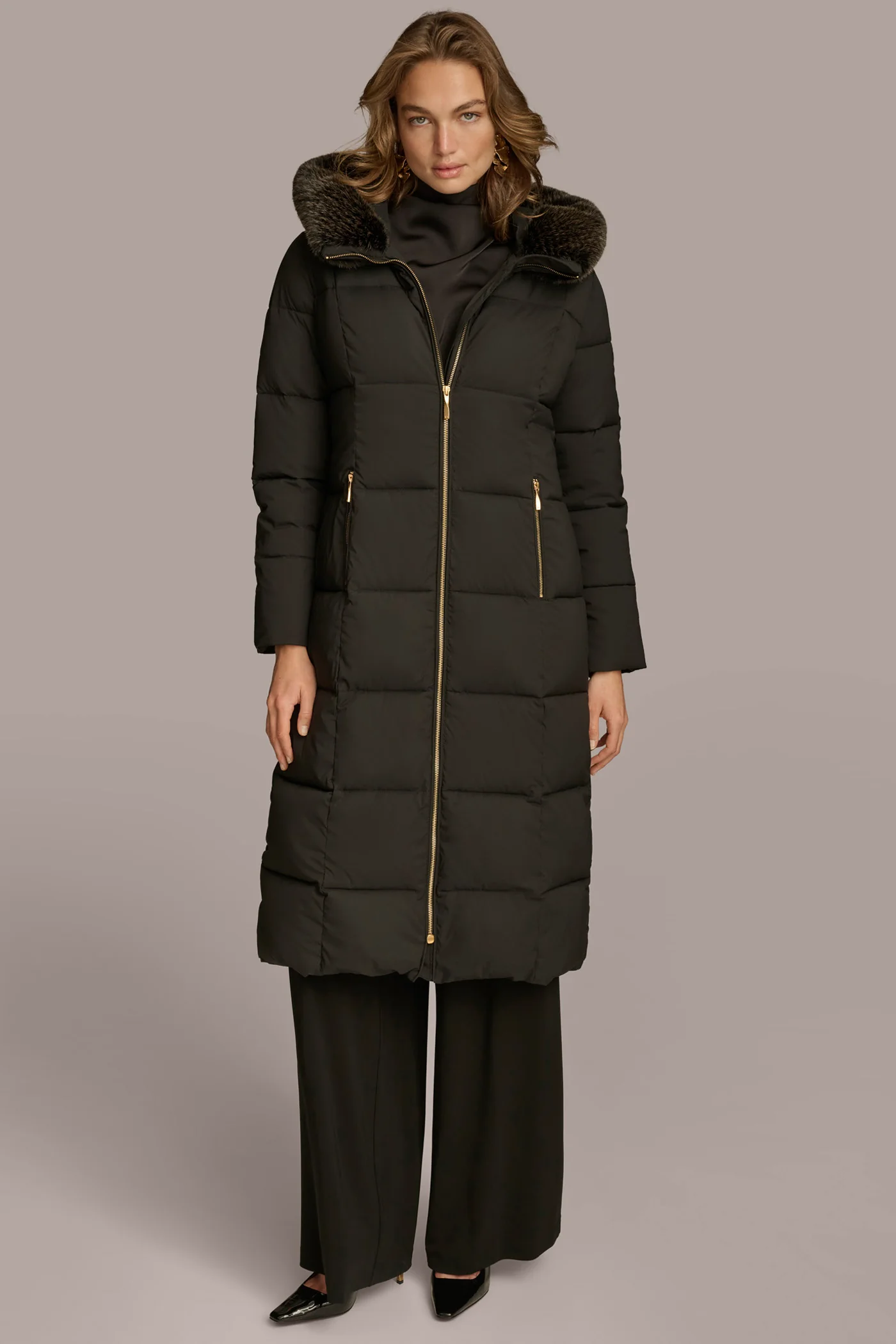 Long Hooded Puffer Coat with Faux Fur Trim