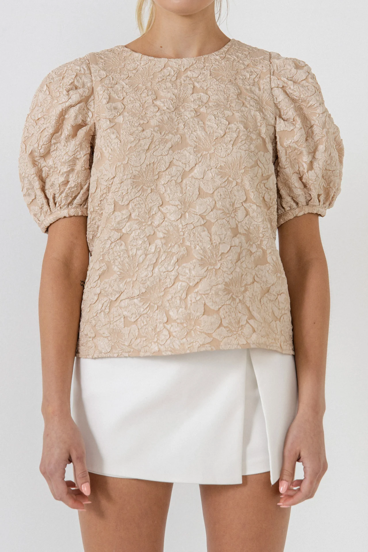 Floral Jacquard Puff Sleeve Top