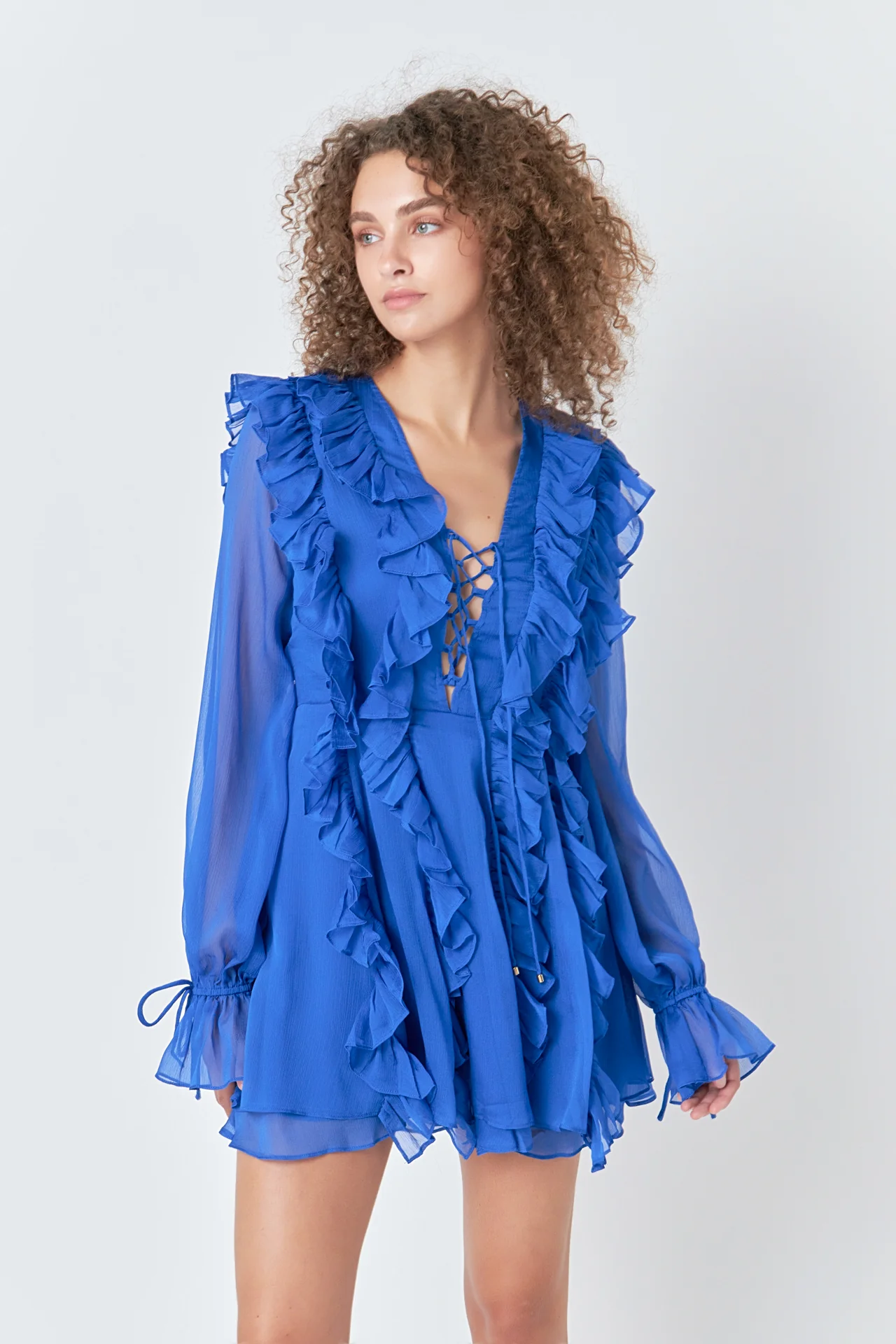Long-Sleeve Ruffle Mini Dress