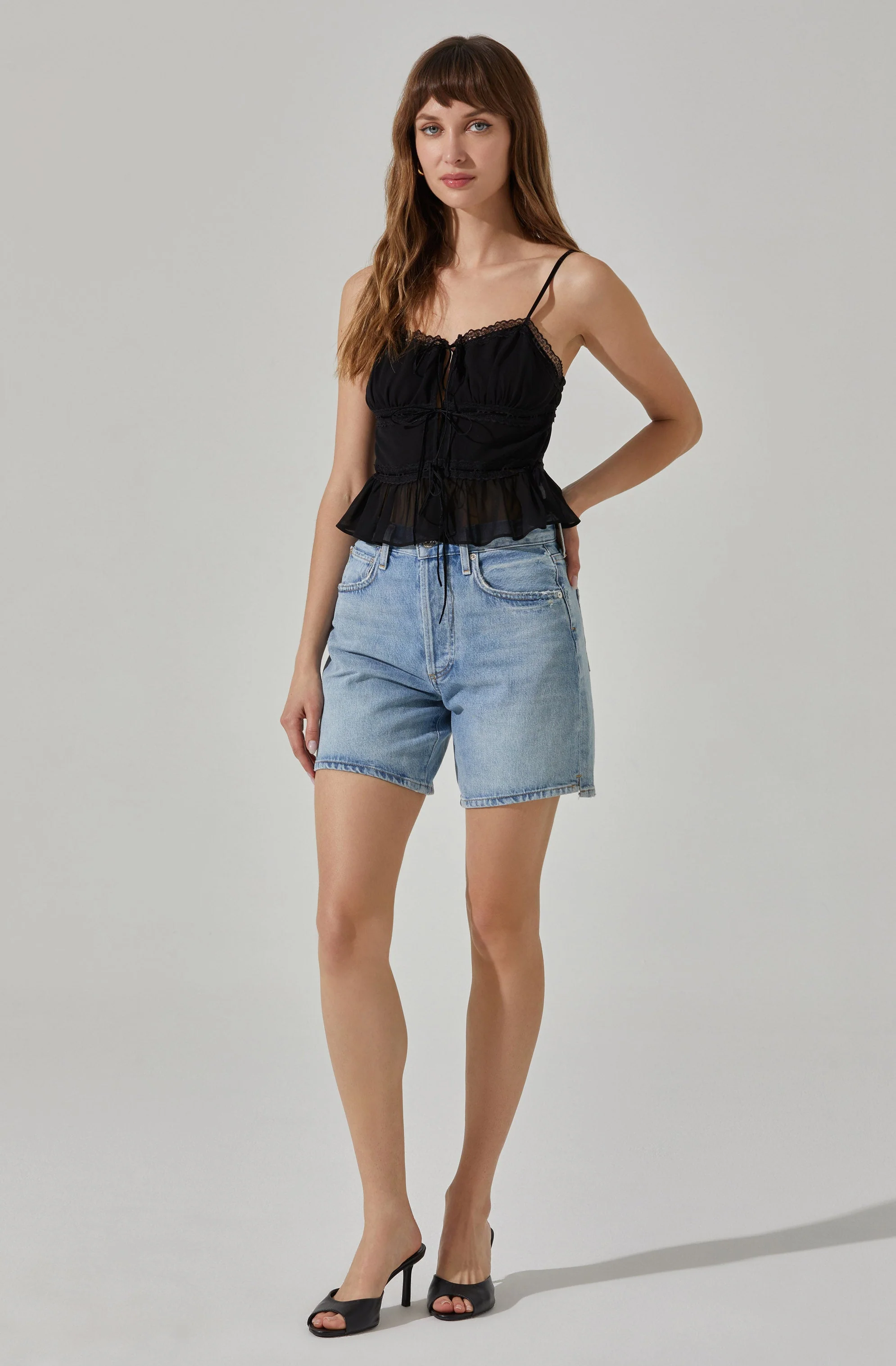 Tie-front Lace Trim Peplum Top