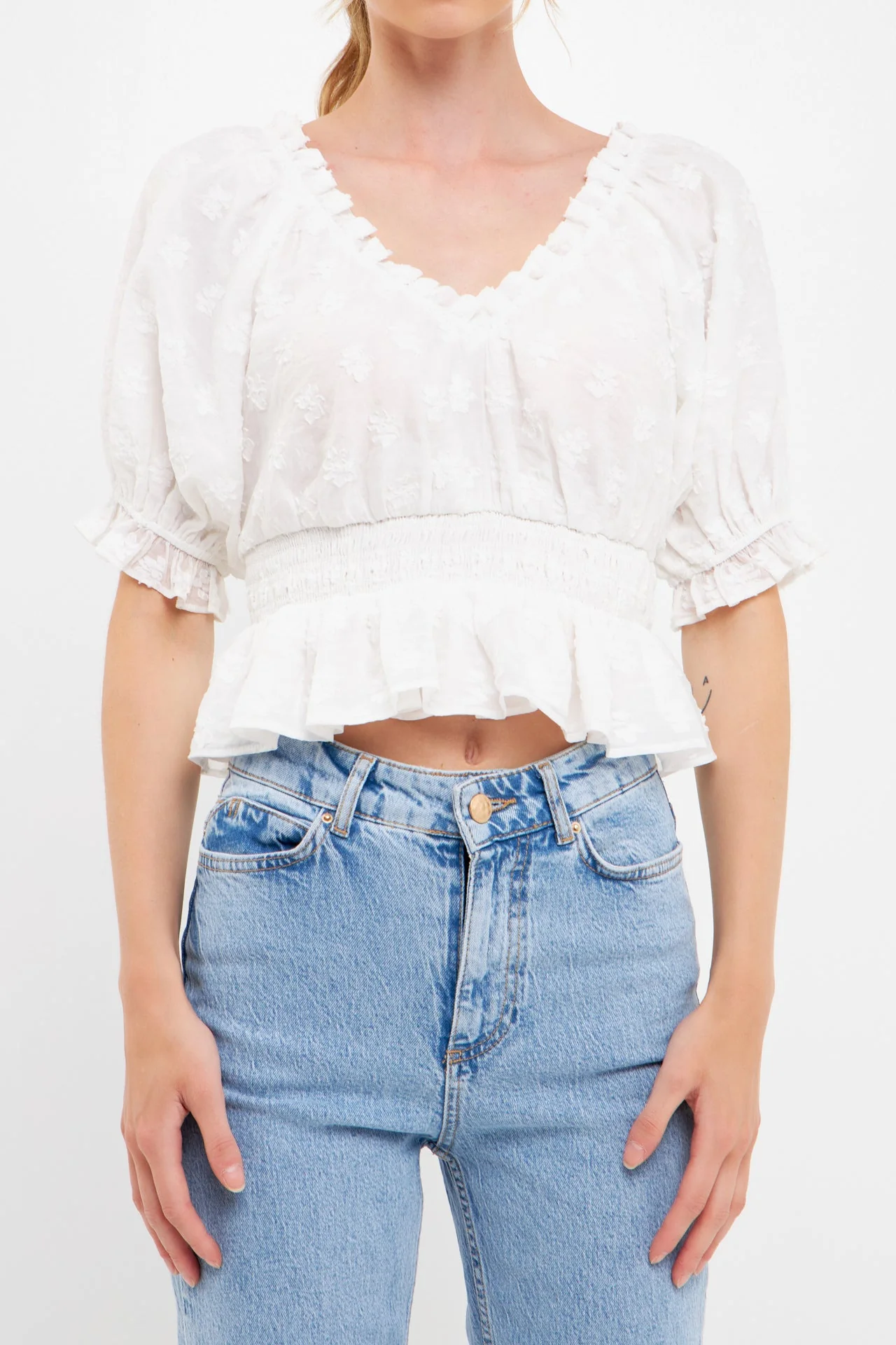 Floral Embroidered Smocked Off Shoulder Top