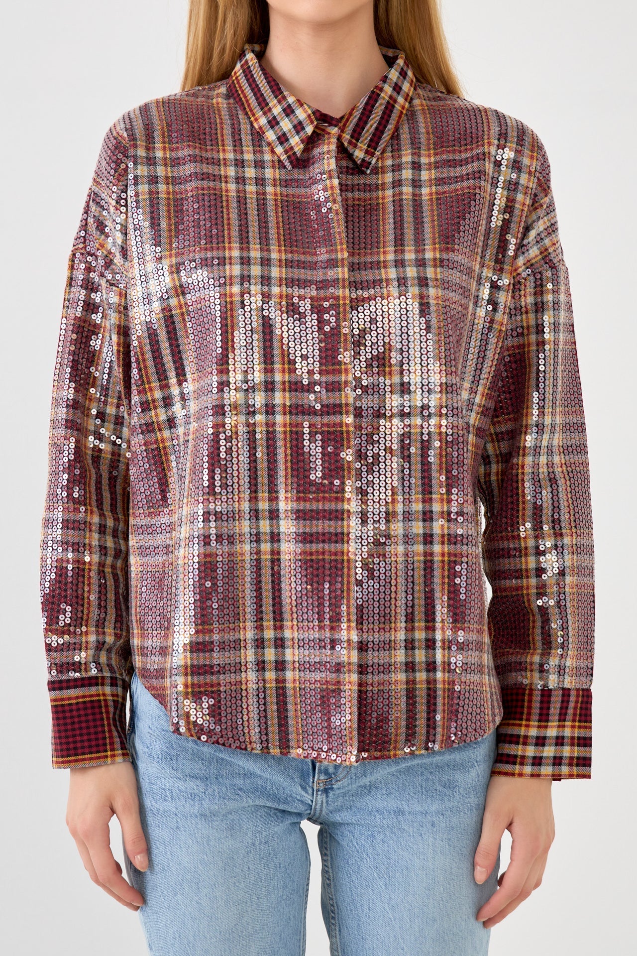 Check Patterned Sequin Shirt