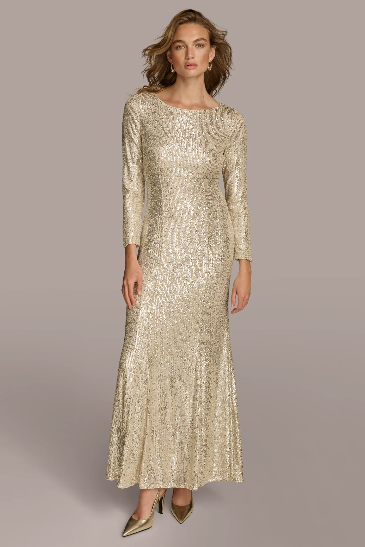 SEQUIN BOAT NECK GOWN