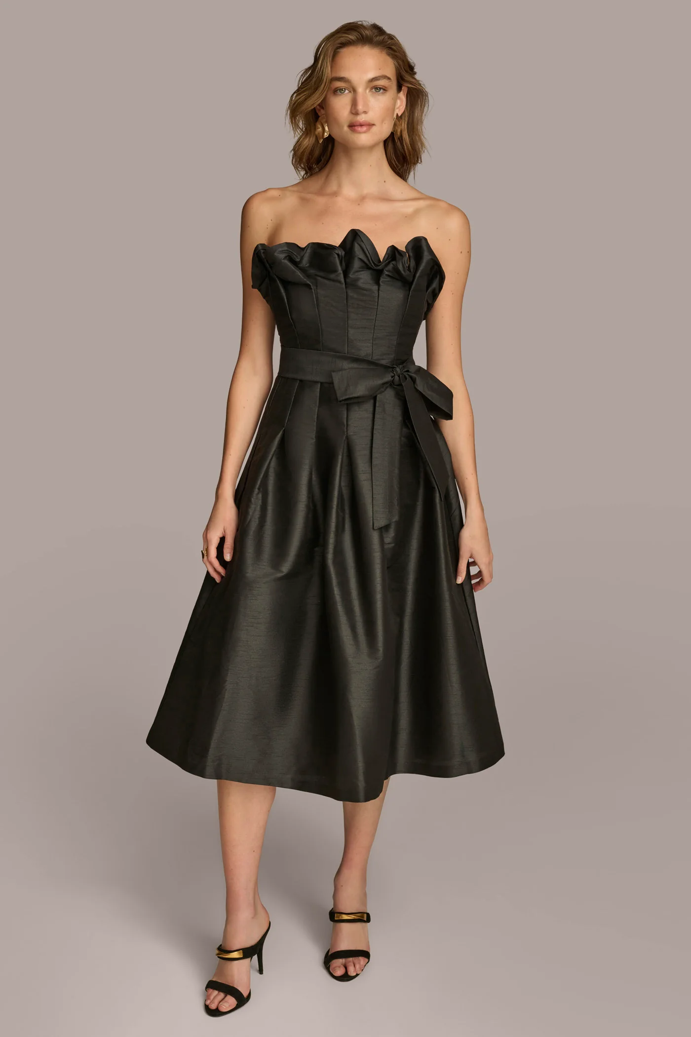 RUFFLE FIT AND FLARE DRESS