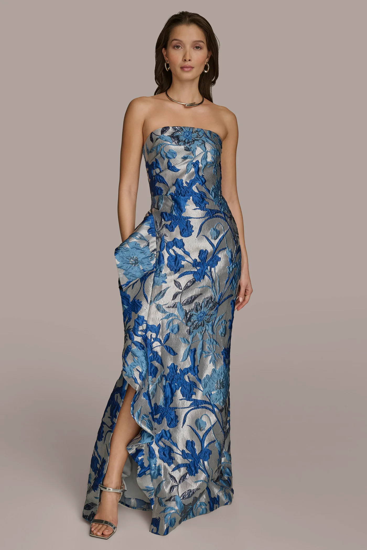 FLORAL JACQUARD WITH SIDE RUFFLE GOWN