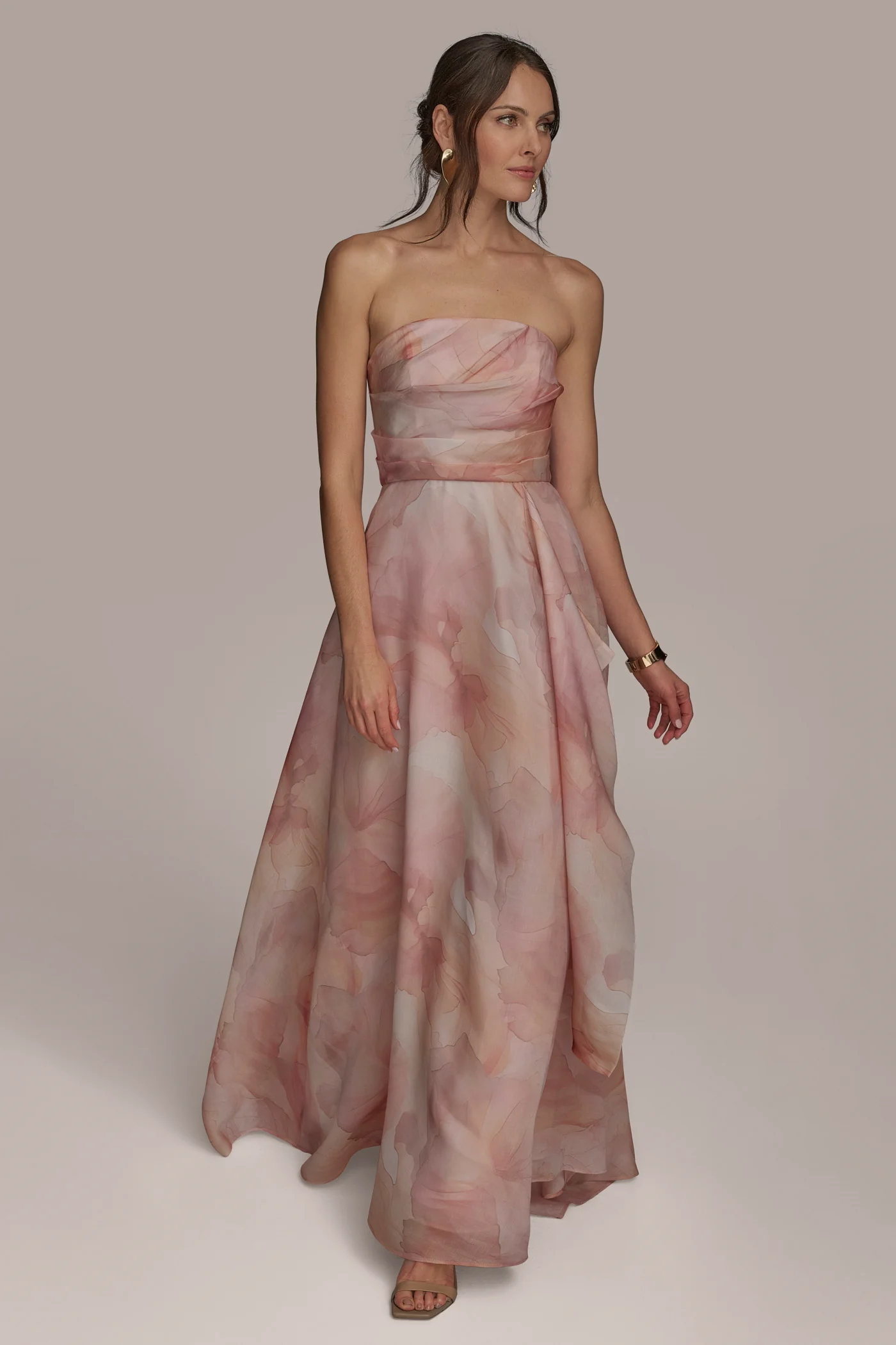 STRAPLESS DRAPED ORGANZA BALL GOWN