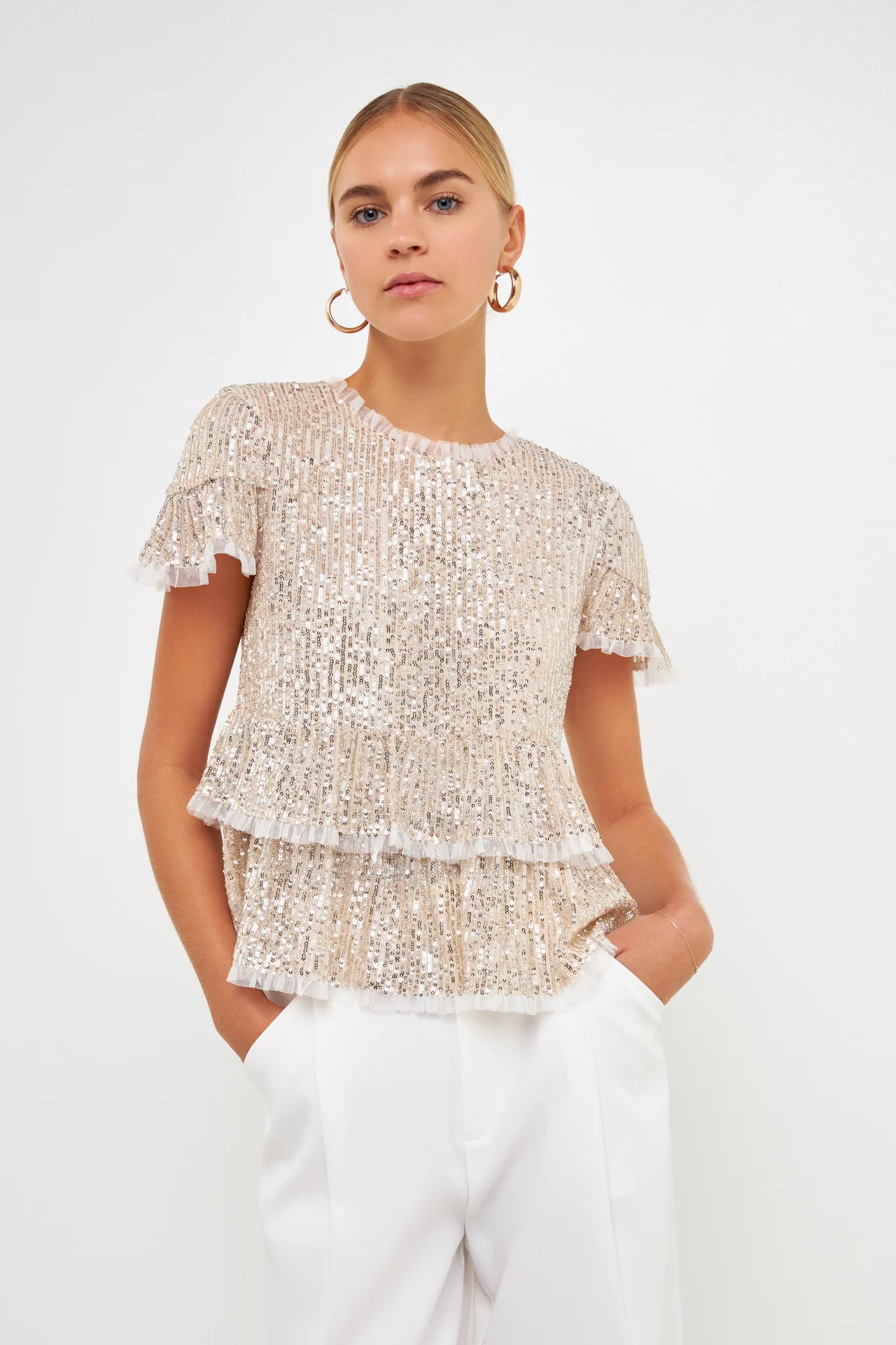 Sequins Baby Doll Top with Mesh