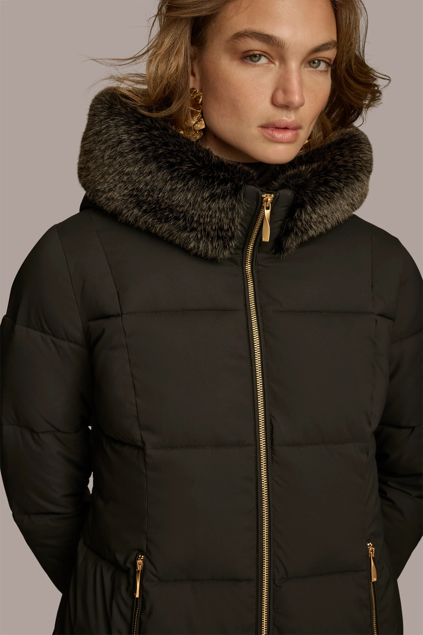 Long Hooded Puffer Coat with Faux Fur Trim