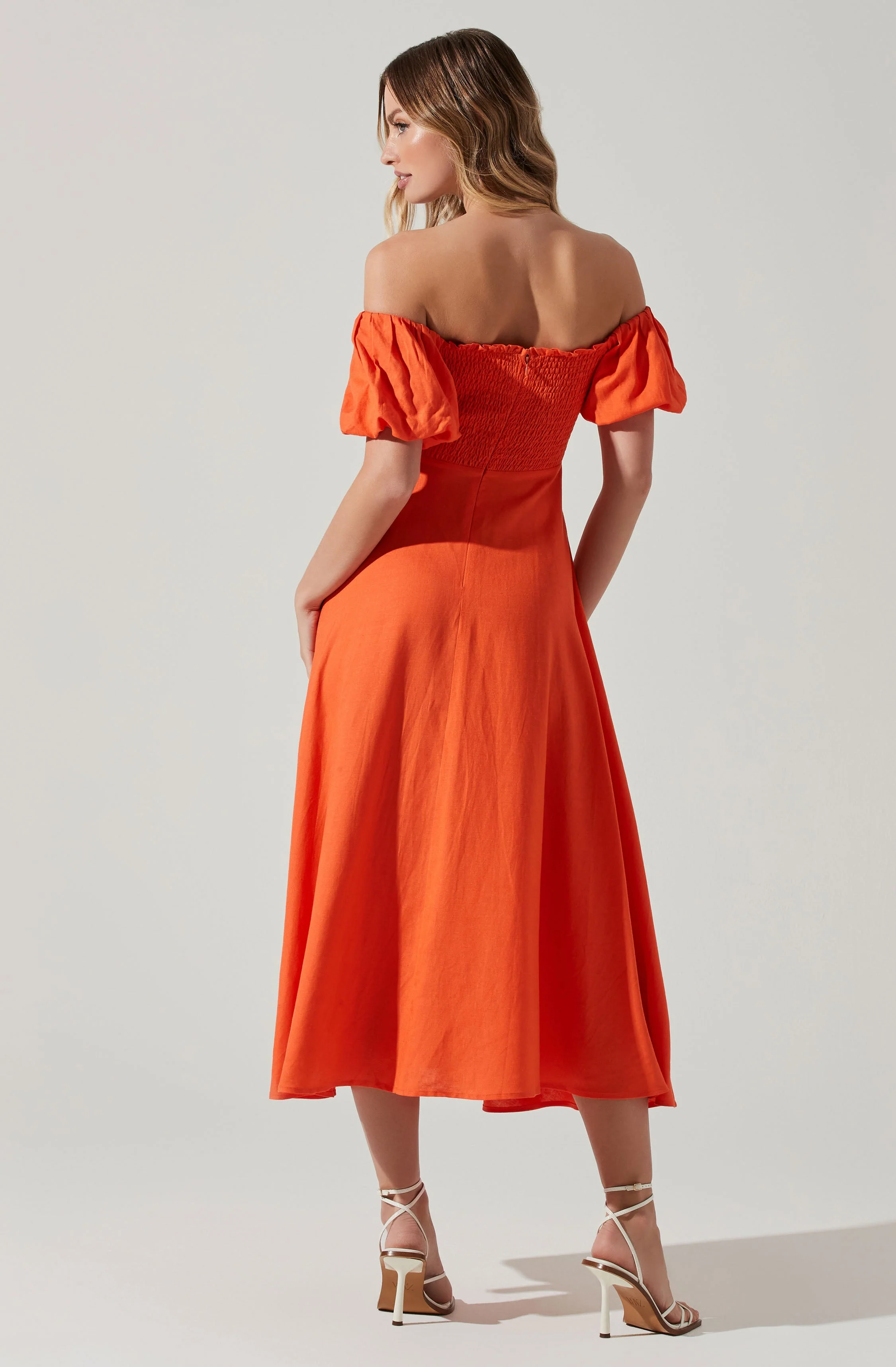 Off Shoulder Puff Sleeve Midi Dress
