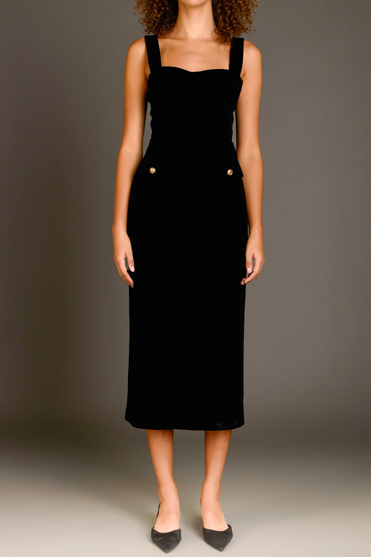 Buttoned Velvet Midi Dress