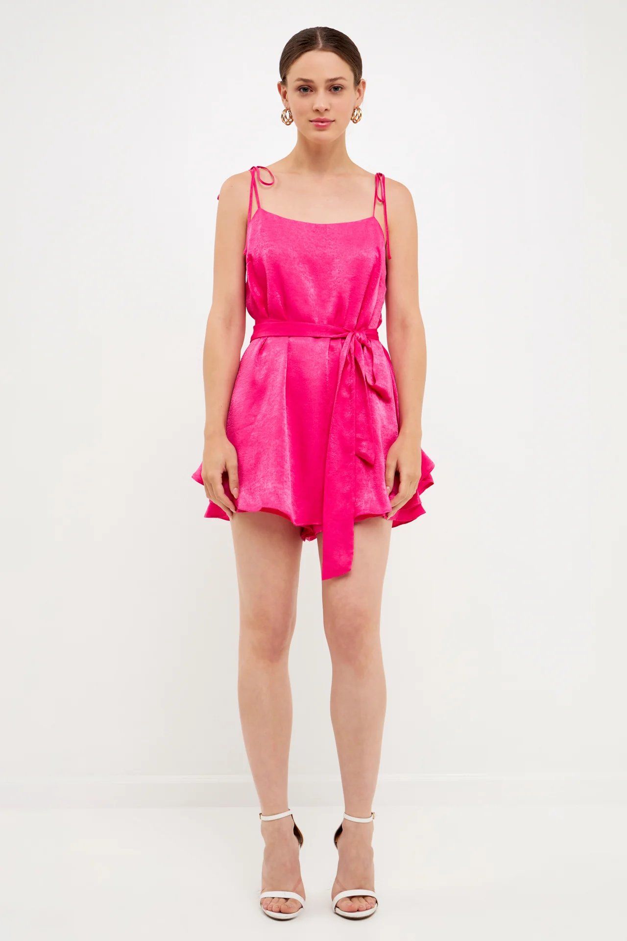Spaghetti Tie Belted Romper Dress