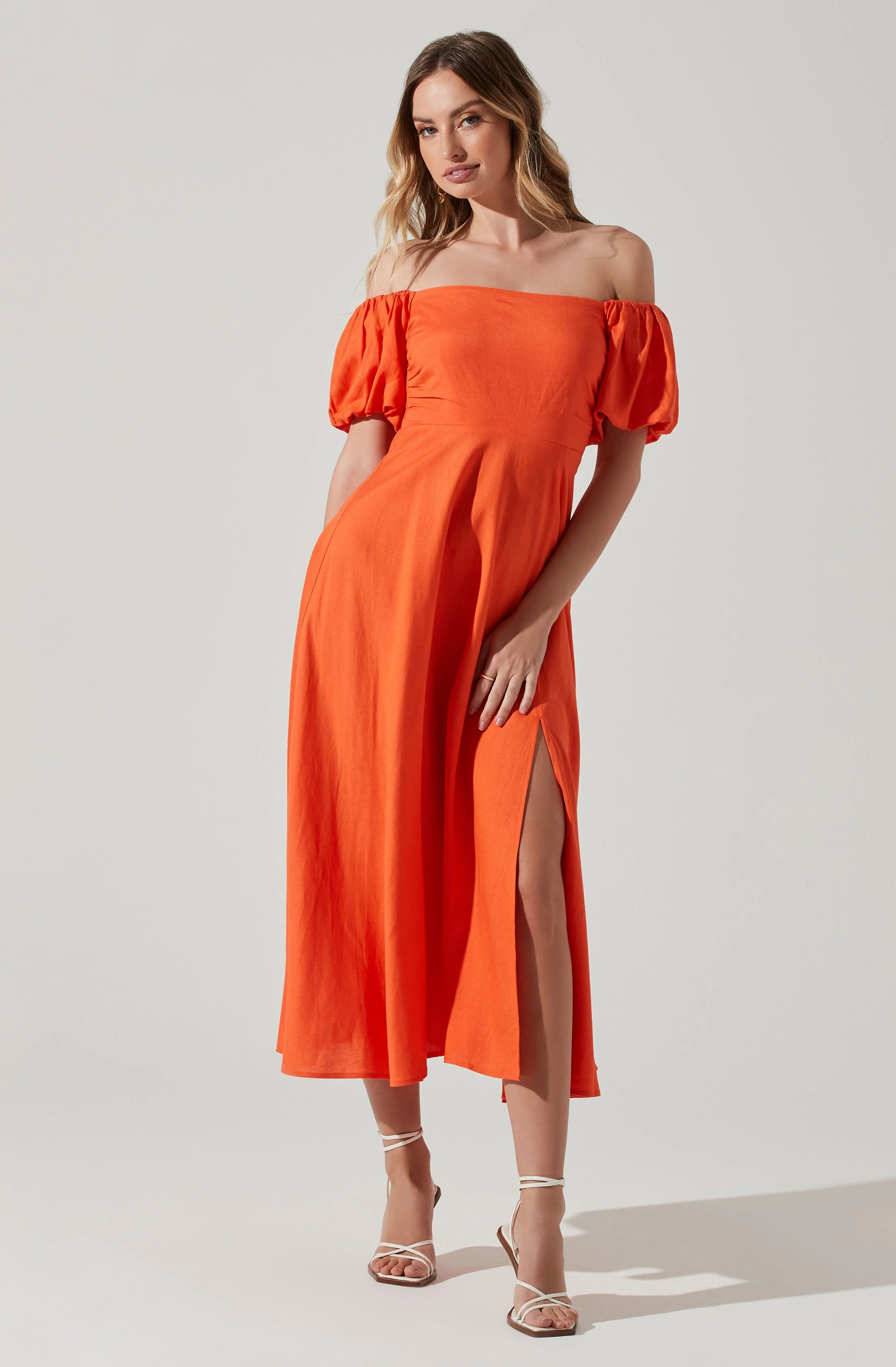 Off Shoulder Puff Sleeve Midi Dress