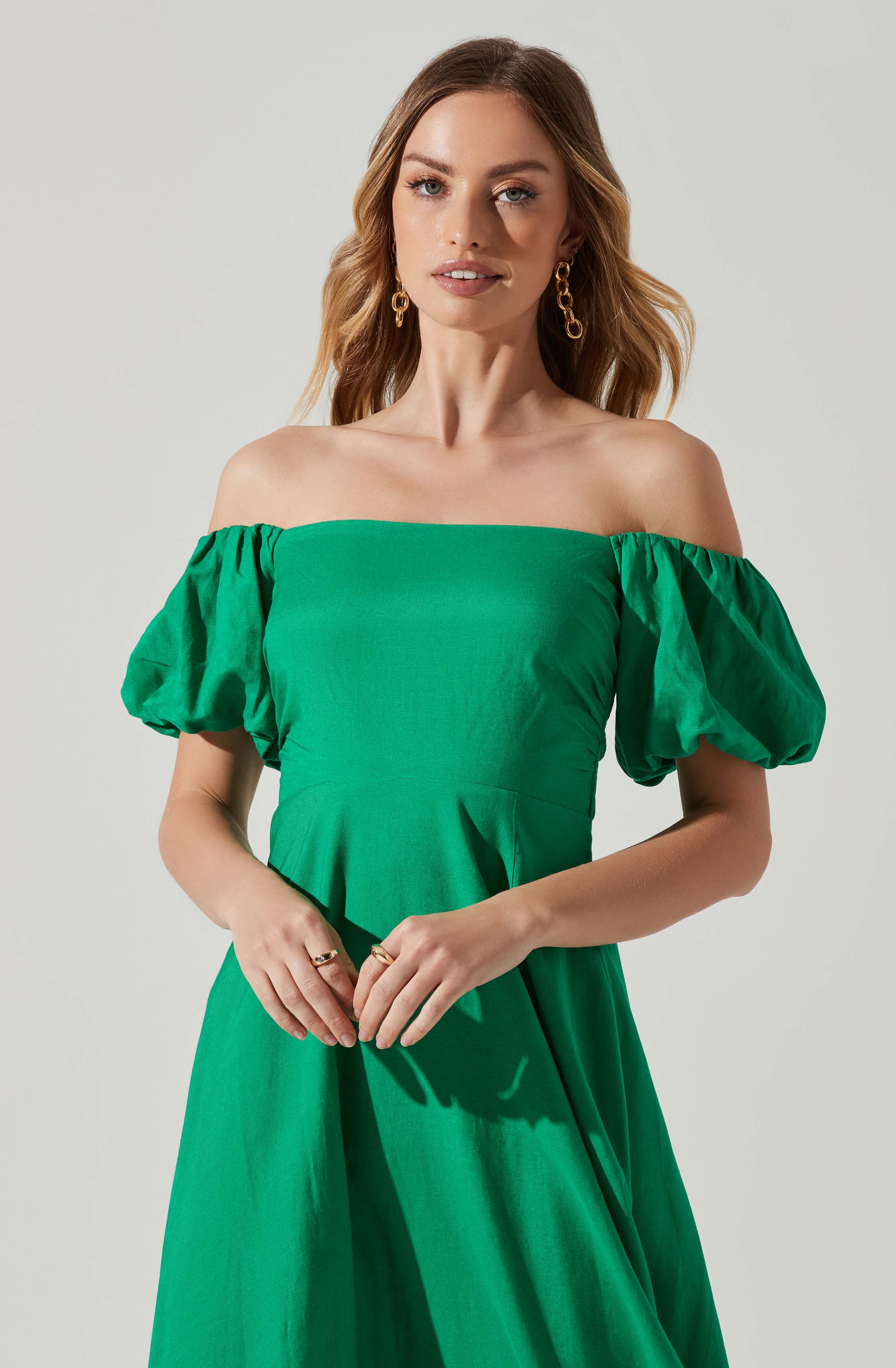 Off Shoulder Puff Sleeve Midi Dress