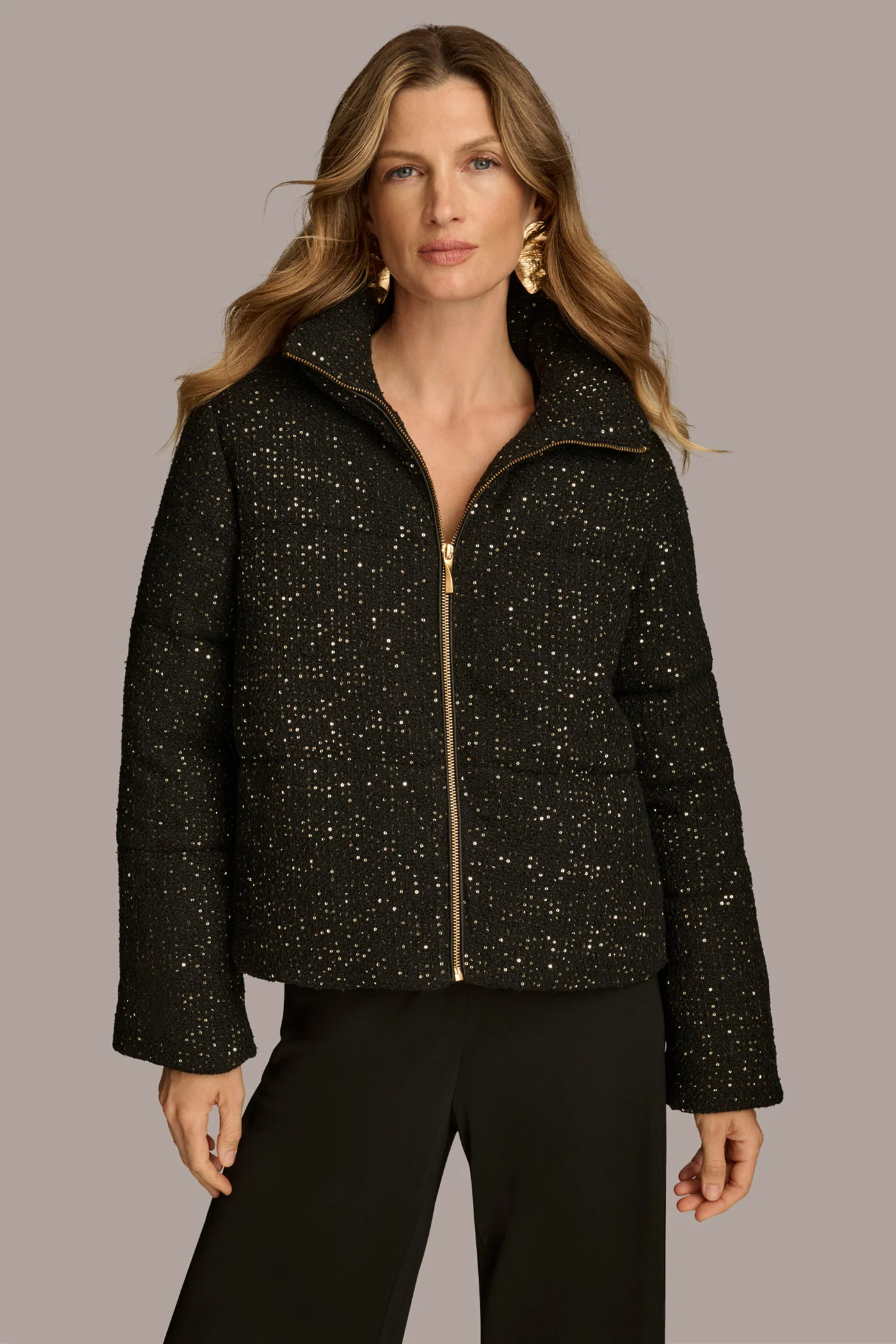 ZIP FRONT PUFFR WITH SEQUINS