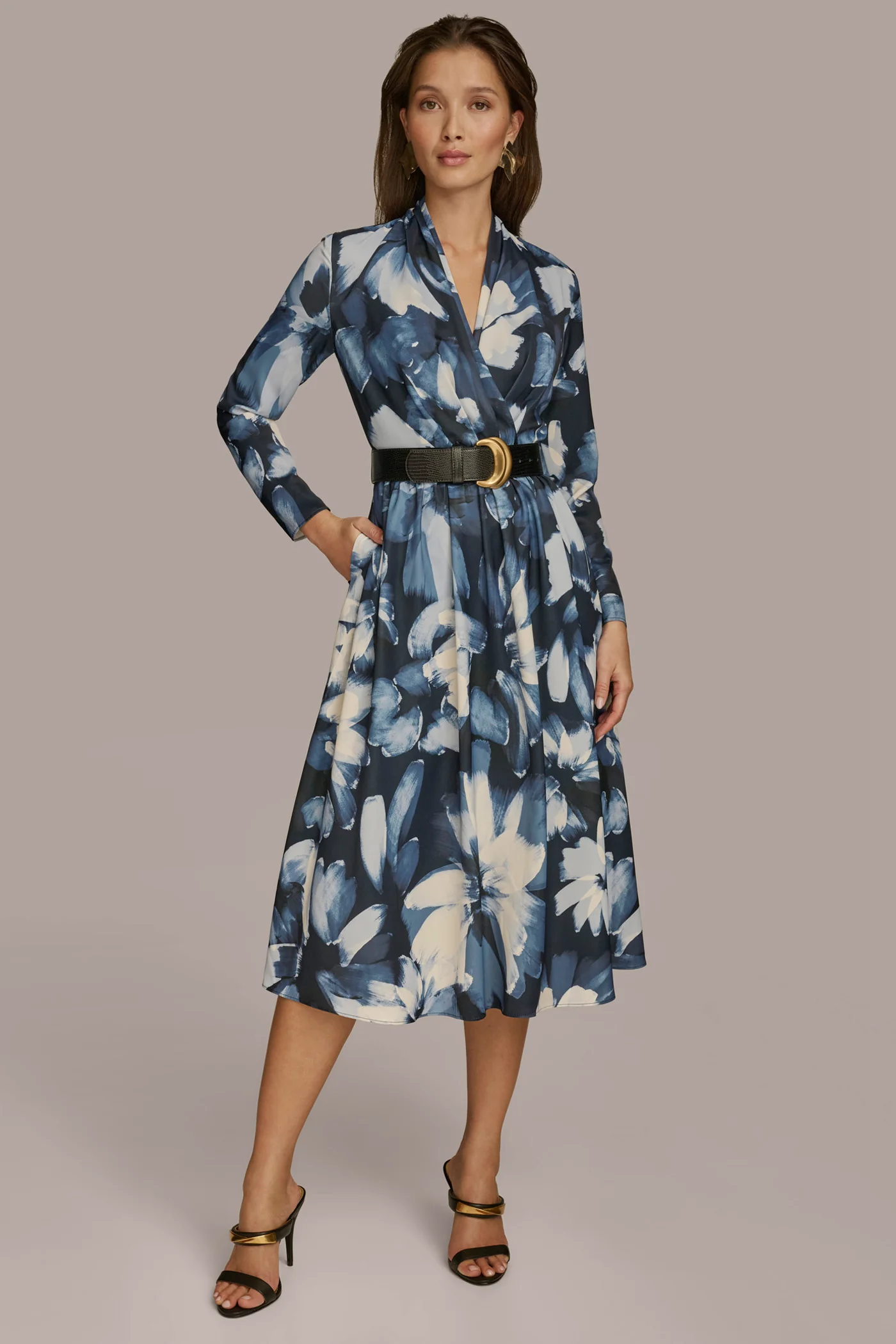 FLORAL BELTED A LINE MIDI DRESS