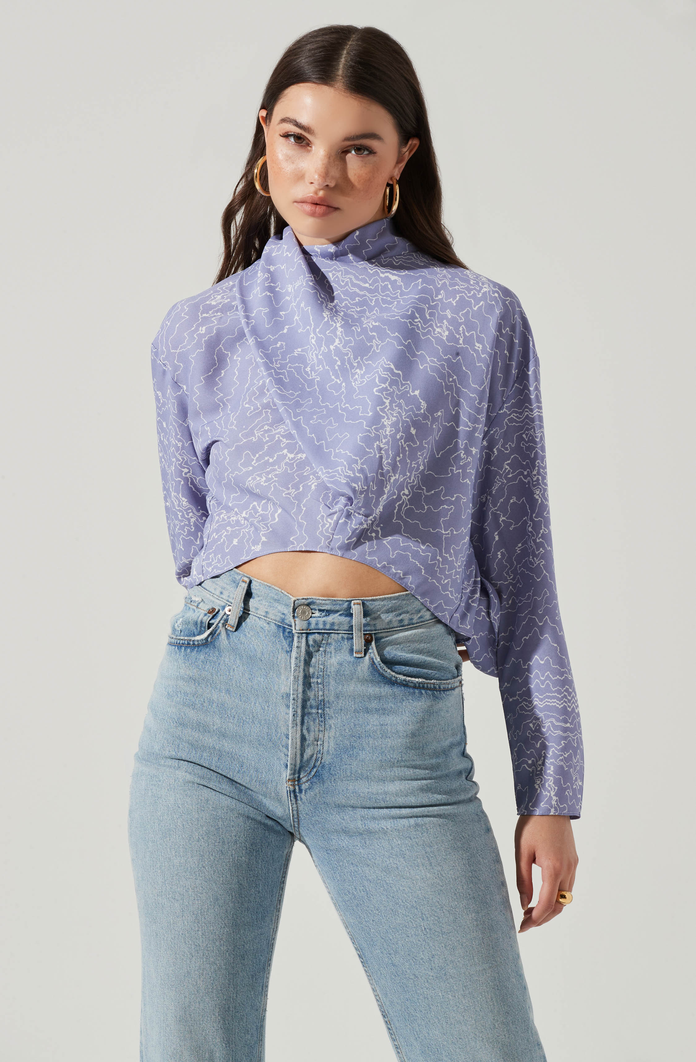 Long Sleeve Drape Tie Back Neck Back Top