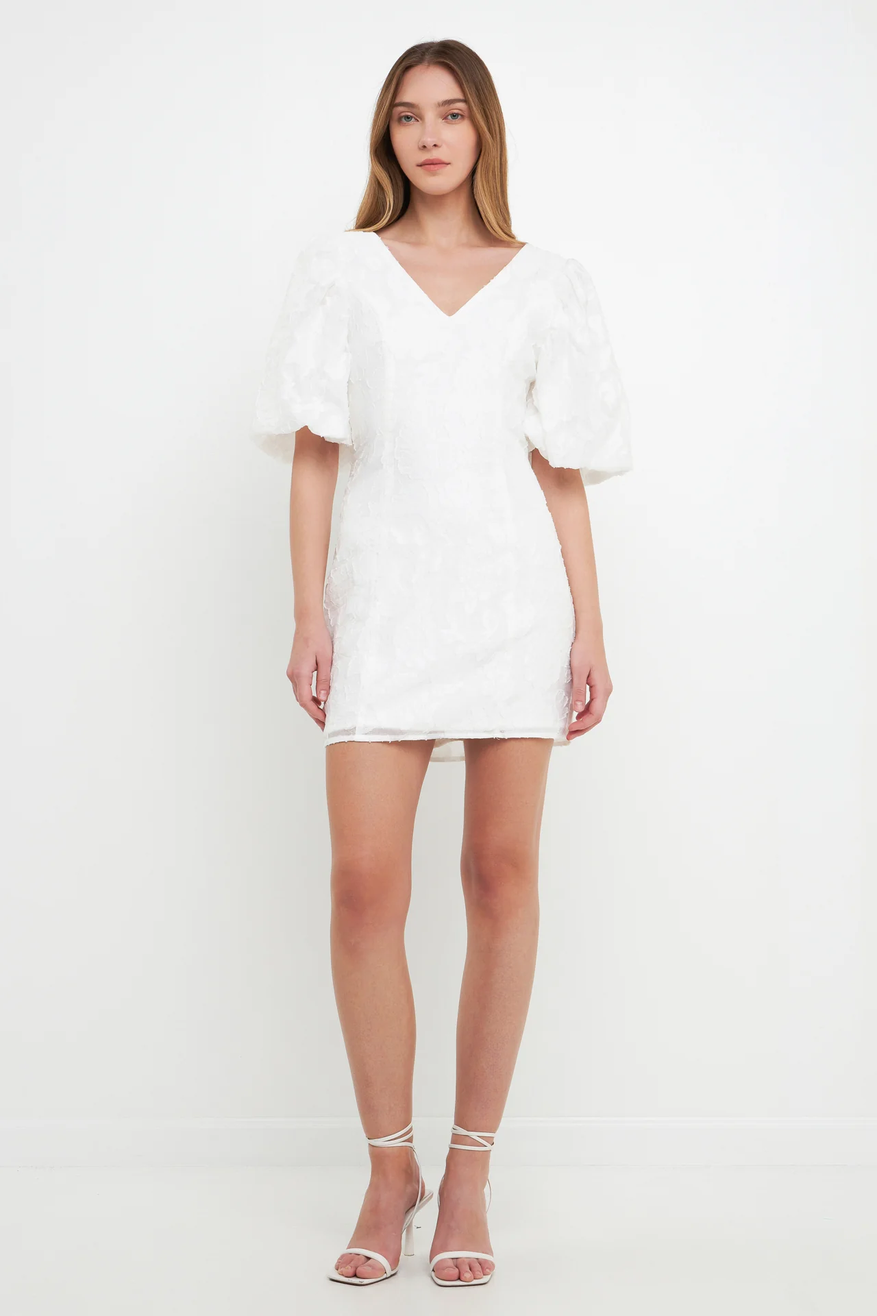 Floral Jacquard Puff Sleeve Mini Dress