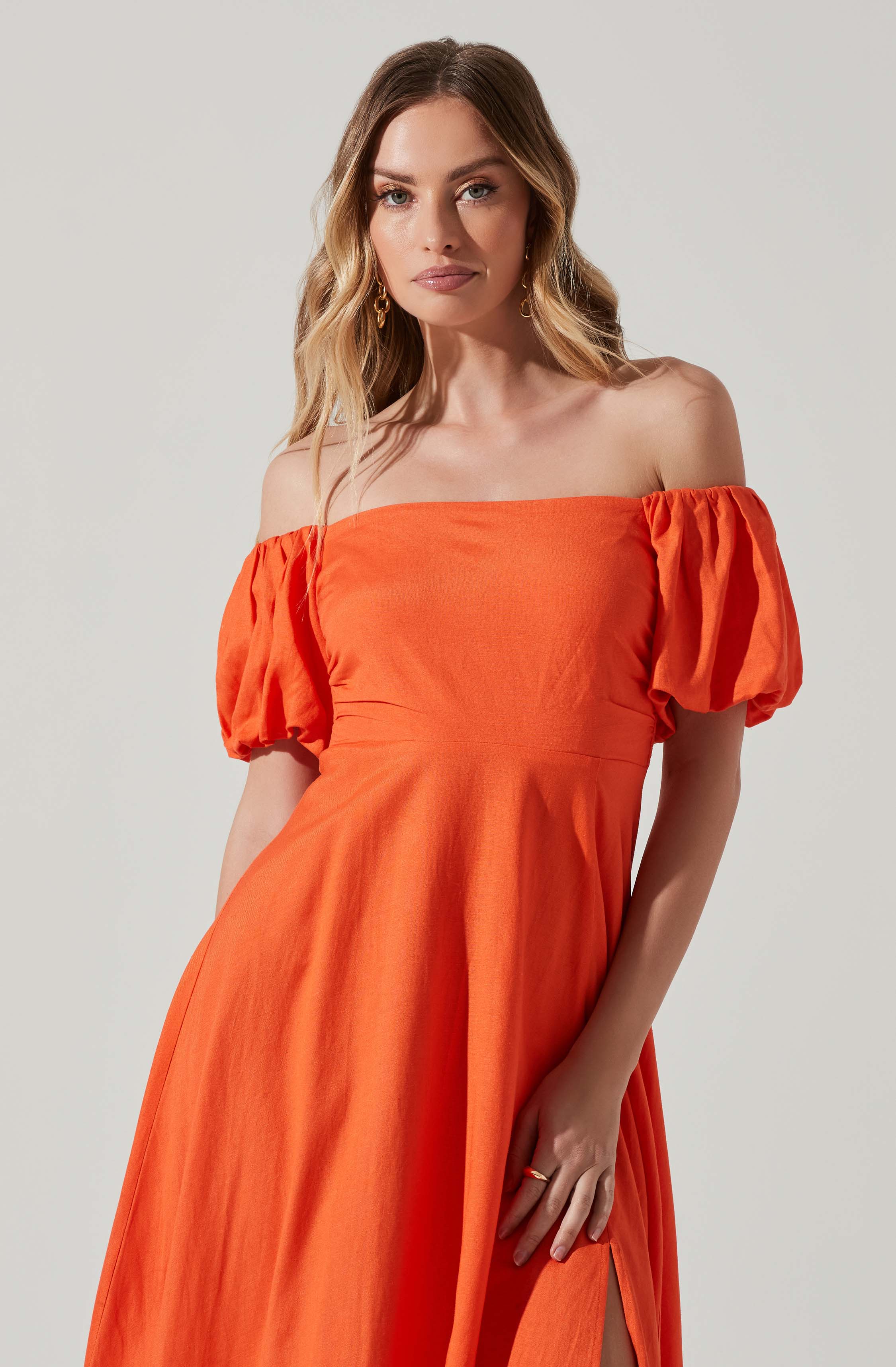 Off Shoulder Puff Sleeve Midi Dress